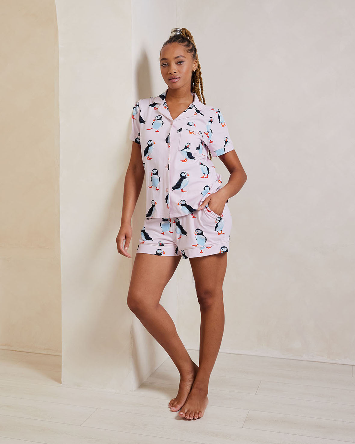 Organic Cotton Puffin Print Short Pajama Set for Women - Soft & Breathable Sleepwear for Summer Nights - Perfect for Lounging, Travel & Cozy Bedtime