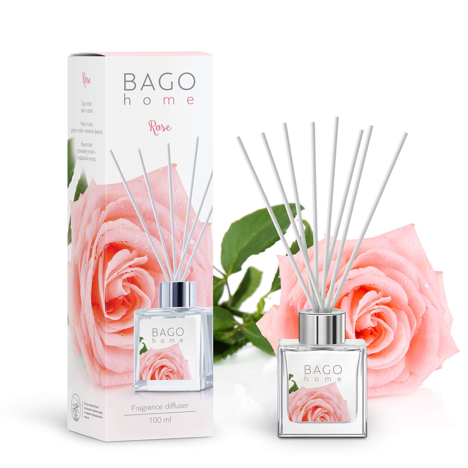 Rose Reed Diffuser Set - 3.4oz (100ml) Alcohol-Free Fragrance with Green Violet & Powdered Musk | Includes 8 Reed Sticks | Home, Office, Bathroom Decor | Perfect for Aromatherapy, Relaxation & Gift Giving