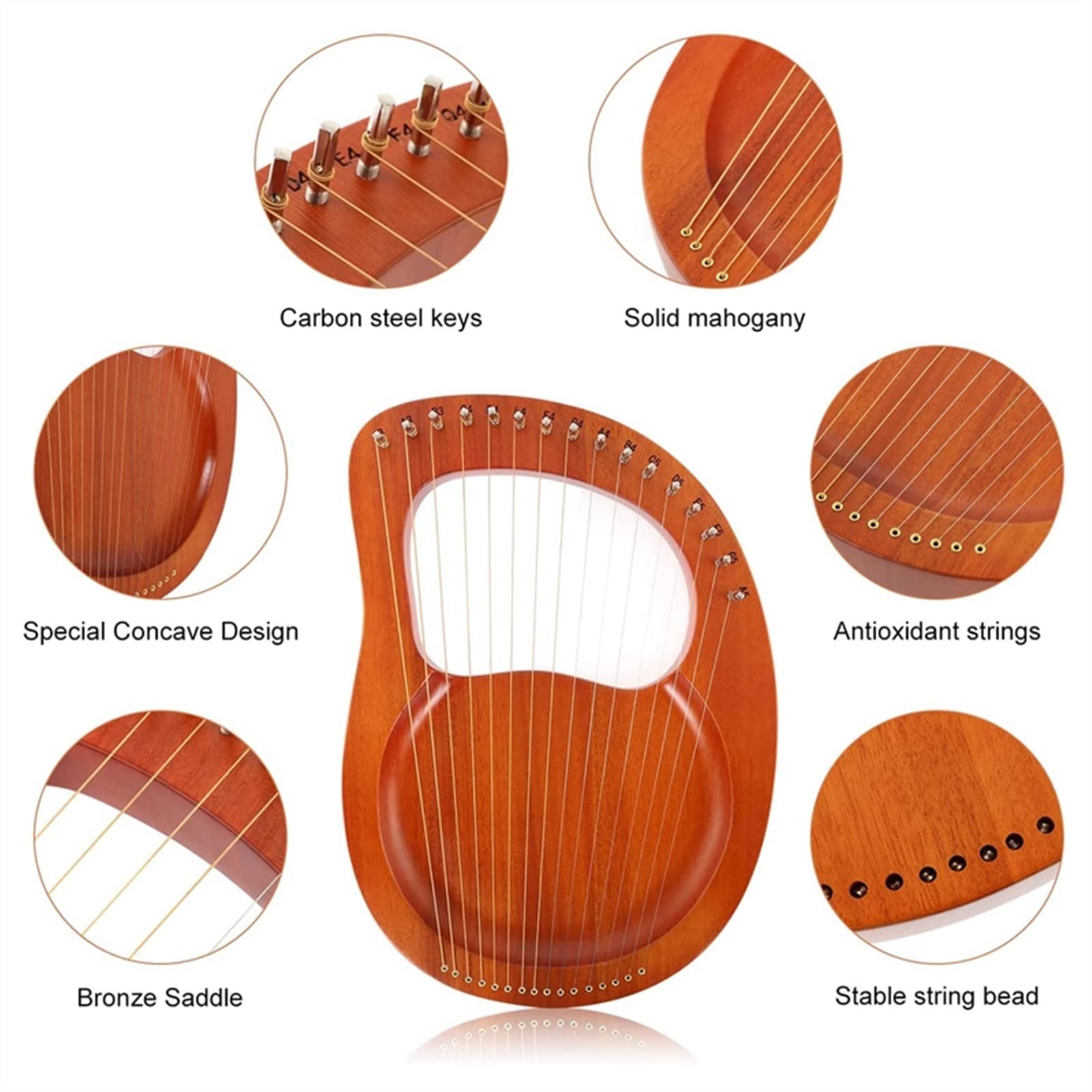 16 String Mahogany Lyre Harp with Tuning Wrench - Portable Mini Harp Instrument for Kids & Adult Beginners - Perfect for Home Practice, Music Therapy & Gift Giving