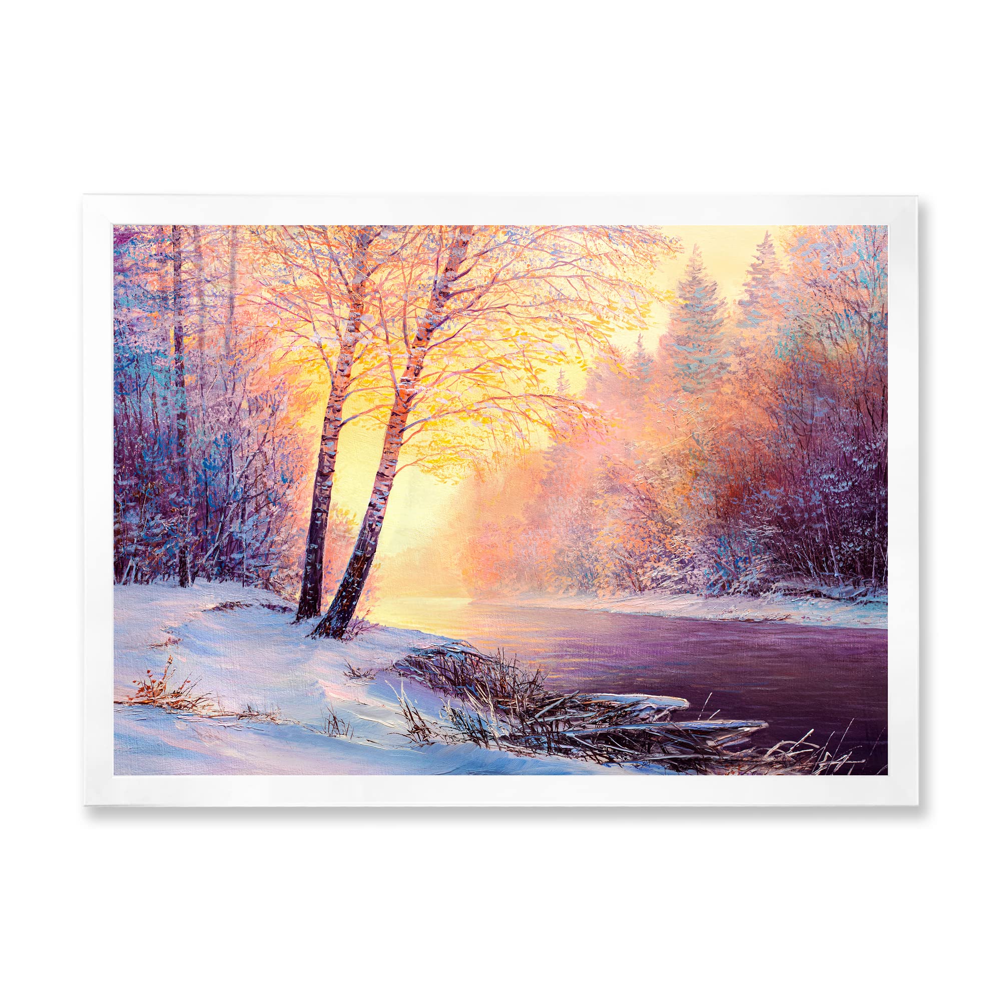 DesignQ Winter Scenery With Bridge of Meandering River II Lake House Framed Wall Art - Landscape Painting for Living Room, Bedroom & Office Decor