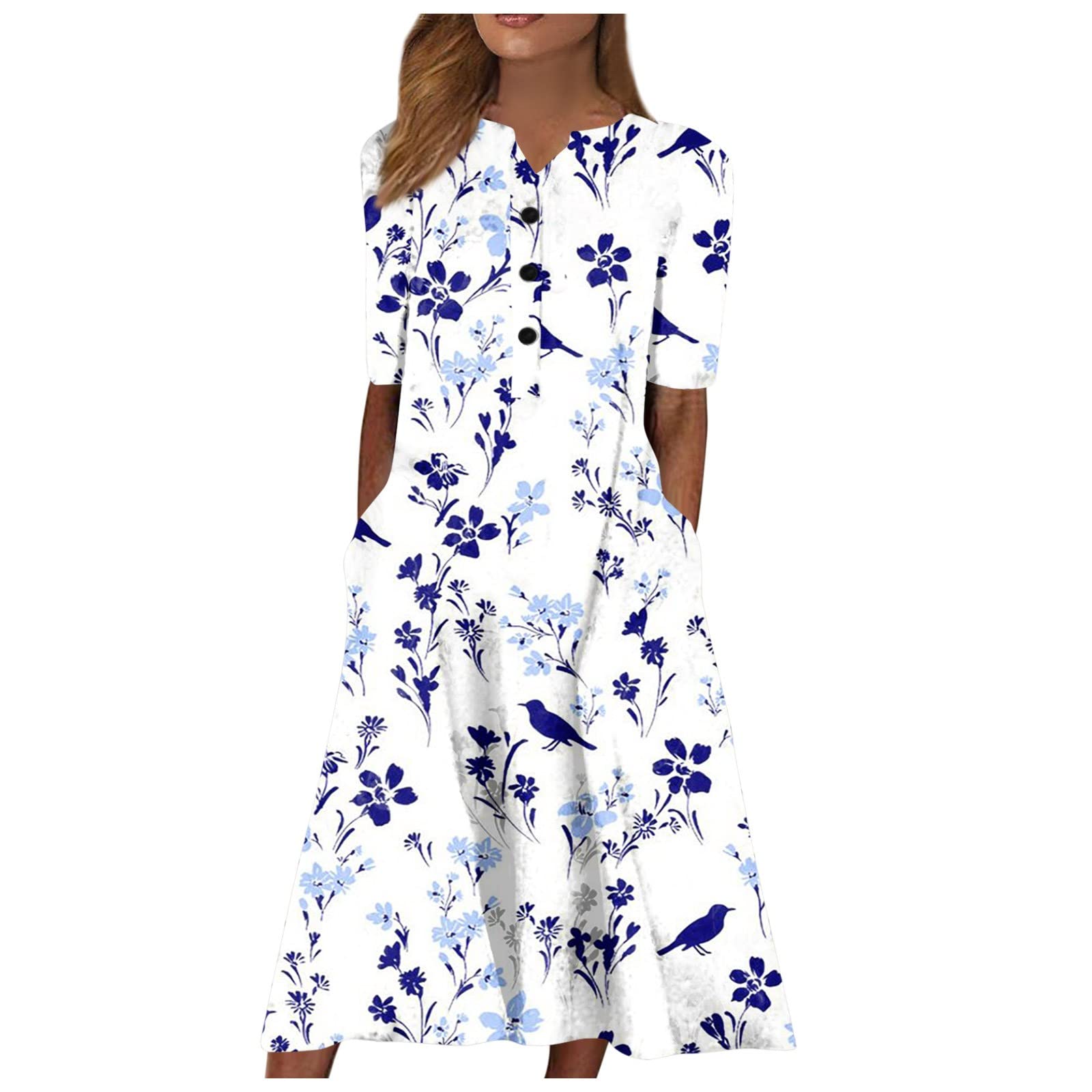2024 Women's Casual Spring V-Neck Short Sleeve Dress with Pockets - Flowy Summer Dress for Daily Wear, Date Night & Office Outfits (Sizes S-2XL)