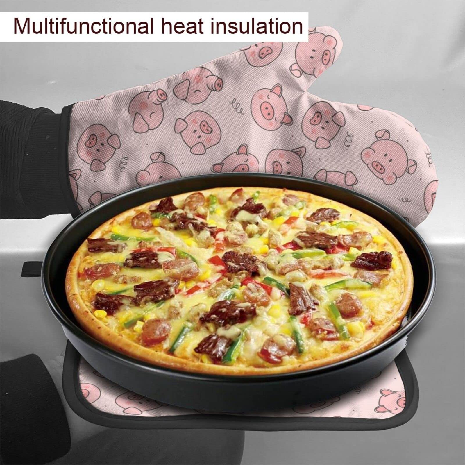 Heat Resistant Pink Pig Oven Mitts & Pot Holders Set - Cute Kitchen Cooking, Baking, BBQ Accessories for Women - Perfect for Grilling, Baking Cookies, and Handling Hot Pans