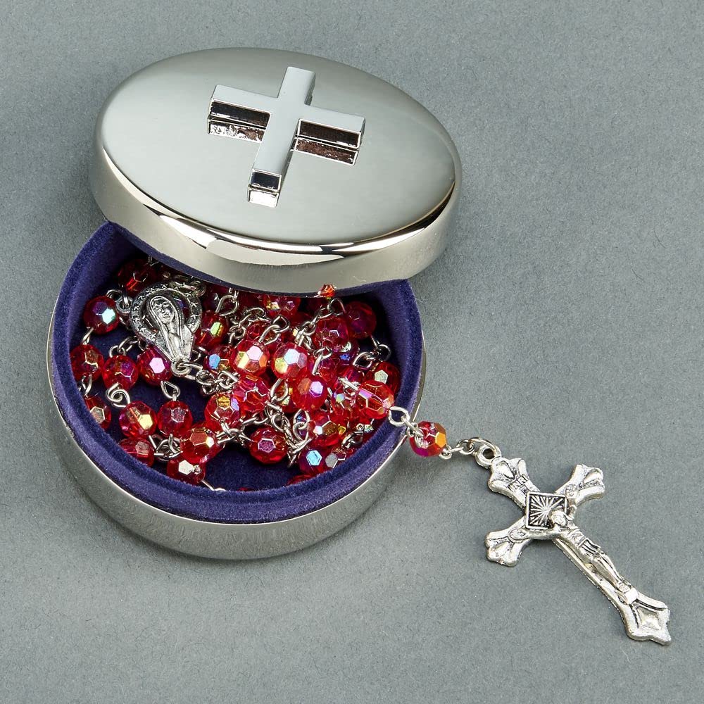 Religious Rosary Cross Jewelry Box - Nickel Plated Non-Tarnish 2.25 Inch Round Keepsake Box with Gift Packaging - Perfect for Catholic Gifts, Baptism Favors & Jewelry Storage