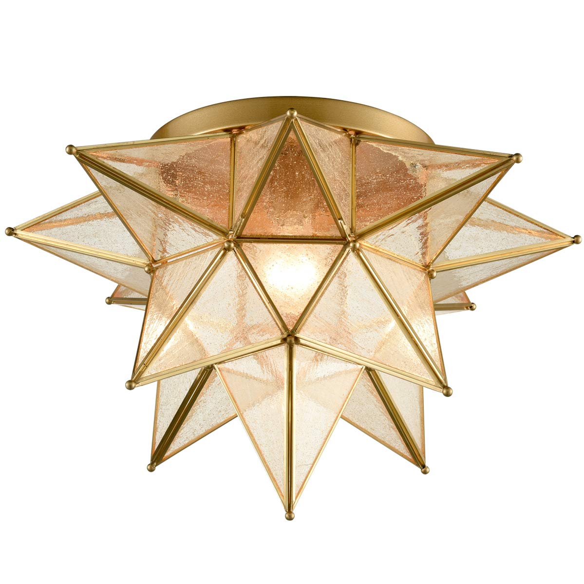 DAYCENT 18 Inch Modern Moroccan Seeded Glass Brass Moravian Star Flush Mount Ceiling Light Fixture - Perfect for Kitchen, Dining Room, Bedroom & Hallway Lighting