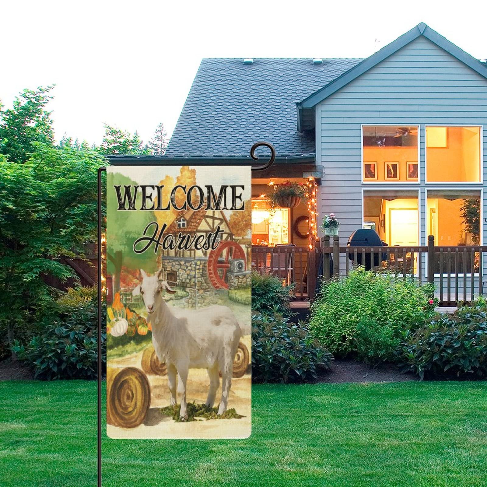 Farmhouse Fall Gold Farm Sheep Welcome Outdoor Yard Flag - Happy Thanksgiving Garden Decorative Flag 16x30in, Double Sided Cotton Linen Lawn Flag - Perfect for Autumn Porch Decor, Fall Welcome Sign, Seasonal Home & Yard Decoration