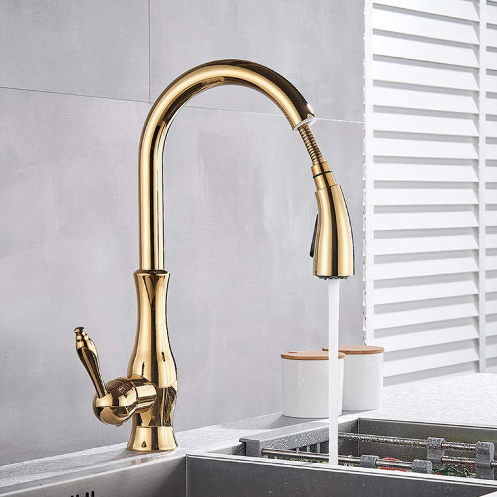 Gold Pull Out Kitchen Faucet with Single Lever Handle - High Arc Sprayer Spout for Bathroom & Sink - Hot and Cold Water Mixer Tap for Modern Home Kitchen Renovation (Perfect for Washing Dishes, Filling Pots & Cleaning Vegetables)