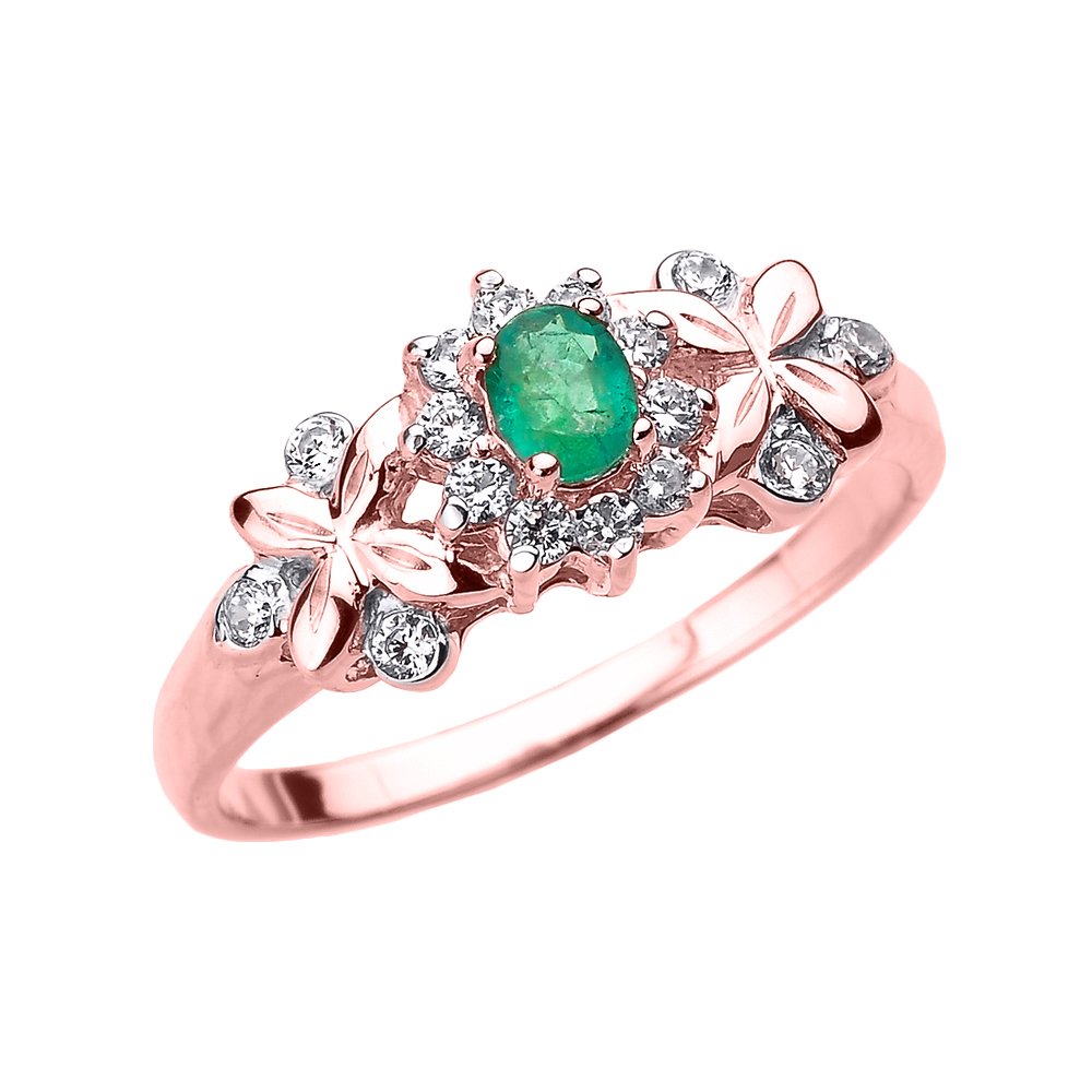 10K Rose Gold Diamond and Emerald Engagement Ring for Women - Elegant Wedding, Proposal, Anniversary Gift
