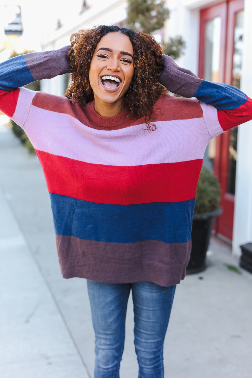 Lilac Multi Stripe Ribbed Knit Sweater Pullover for Women - Soft & Cozy Winter Fashion - Perfect for Casual Outfits, Office Wear & Date Nights