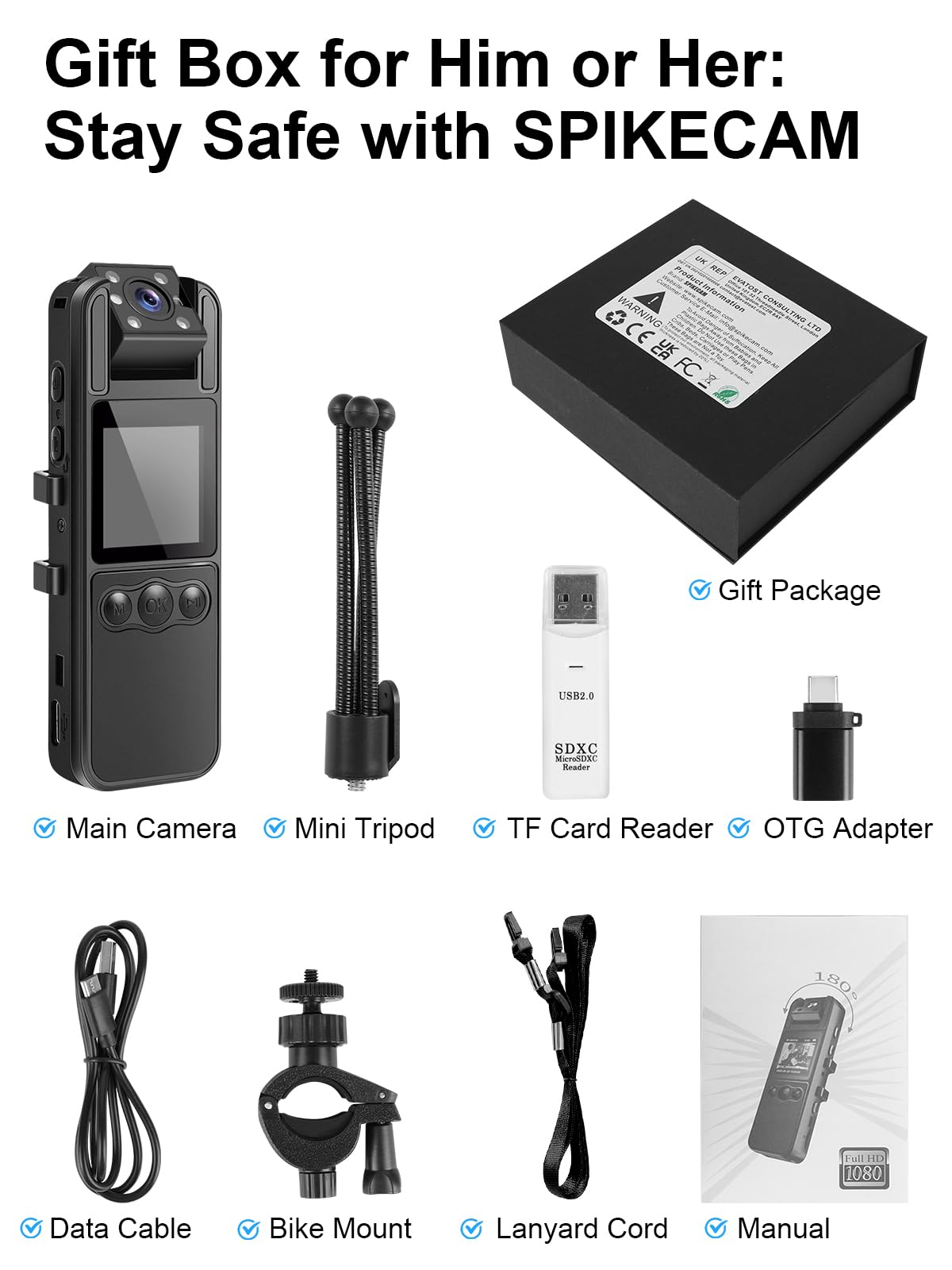 SPIKECAM 128GB Body Camera - No Computer Needed, 1080P HD Video & Audio Recording, 6-Hour Battery Life, Night Vision, SOS Alarm - Wearable Security Camera for Police, Security Guards, Running, Biking, Outdoor Adventures