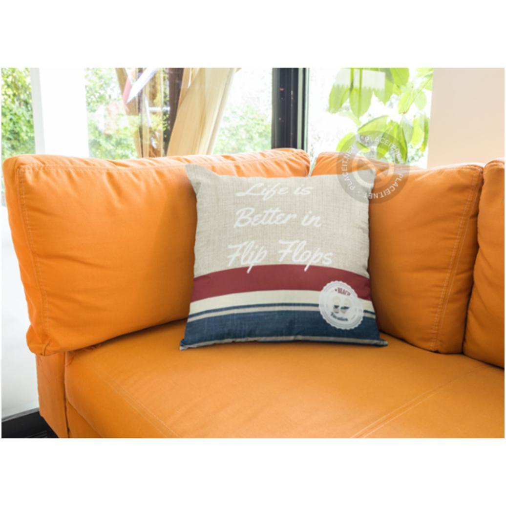 Life Is Better in Flip Flops Quotes Pillow Cover - Funny Beach House Decor for Summer Living Room, Porch or Poolside