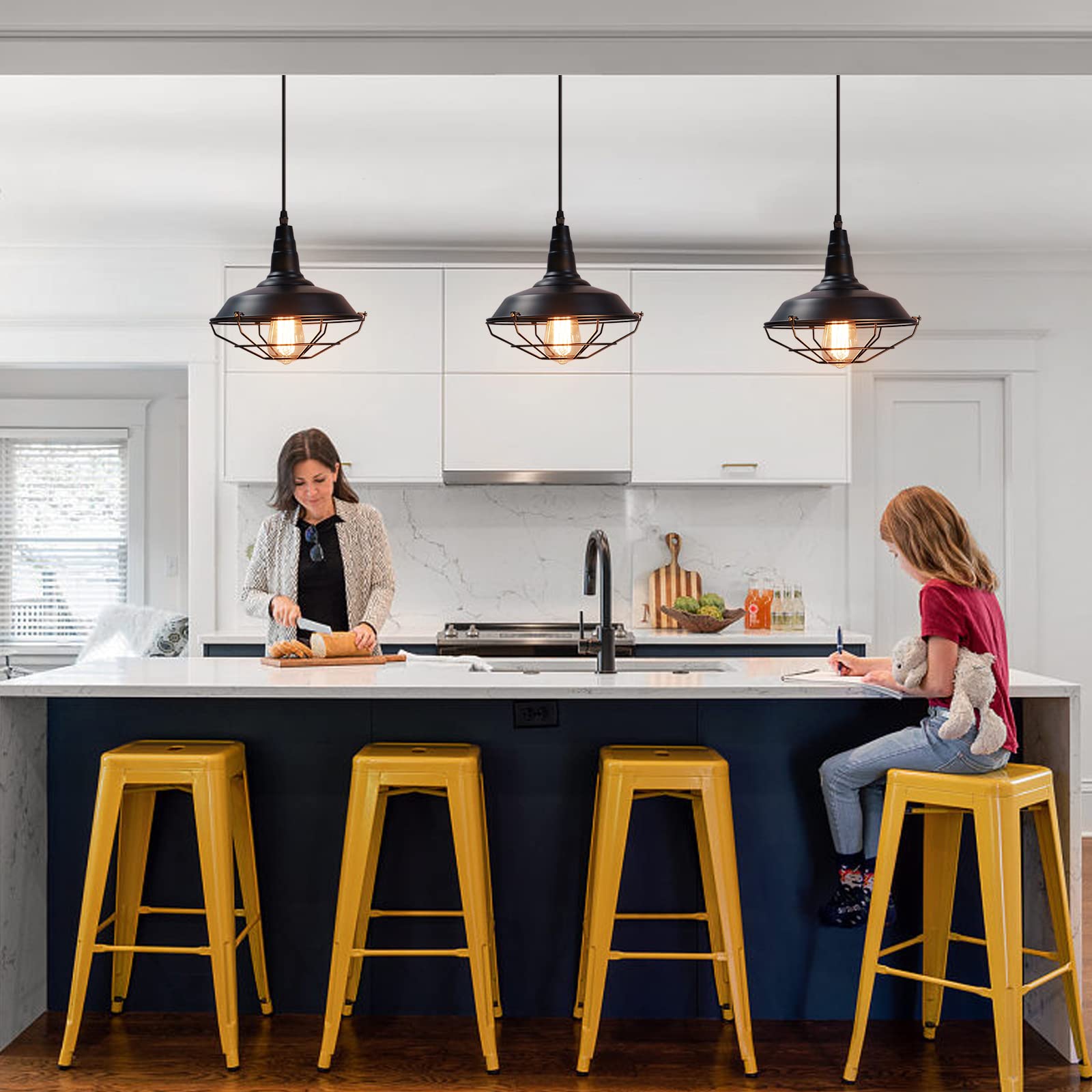 Farmhouse Pendant Light 3 Pack - 10.5 Inch Black Industrial Hanging Lights for Kitchen Island, Dining Room, Office & Bedroom | Rustic Ceiling Fixture for Modern Home Decor