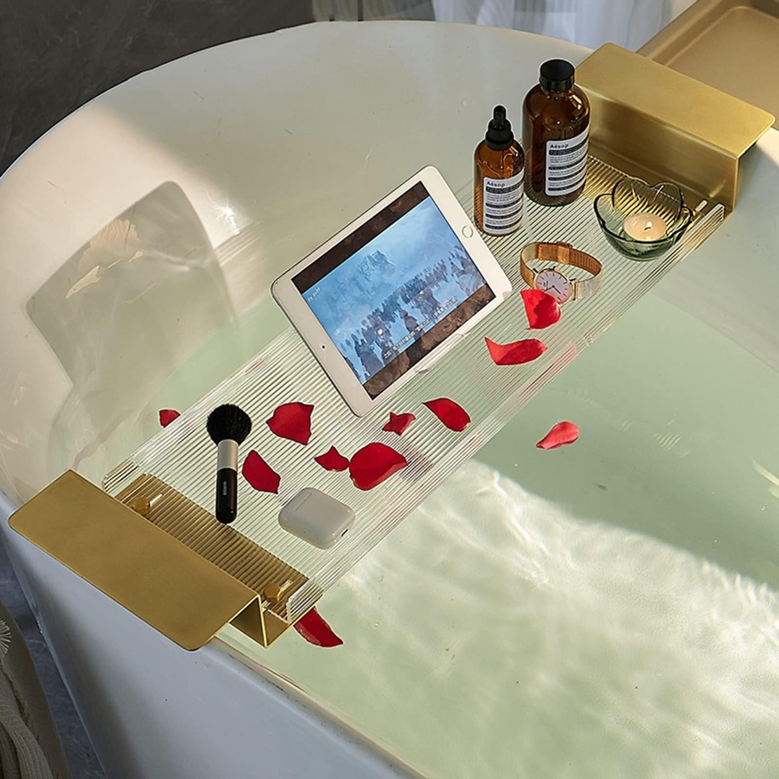 **Expandable Clear Acrylic Bathtub Caddy Tray with Non-Slip Handles - Reading Rack, Tablet Holder & Bath Serving Tray - Perfect for Relaxing Baths, Spa Days & Wine Nights**