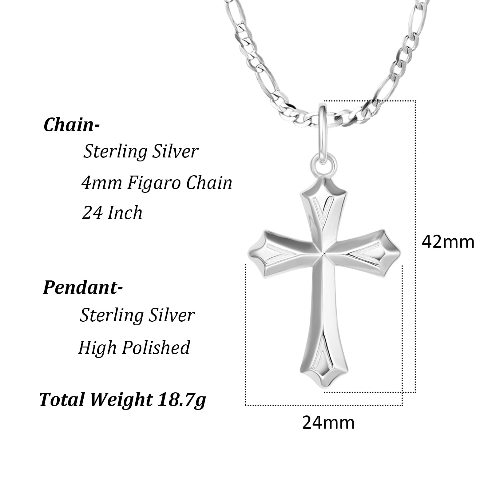 FANCIME 925 Sterling Silver Cross Pendant Necklace for Men - White Gold Plated with 4MM Figaro Chain, 24 Inch - Religious Jewelry Gift for Him, Perfect for Baptism, Confirmation & Daily Wear
