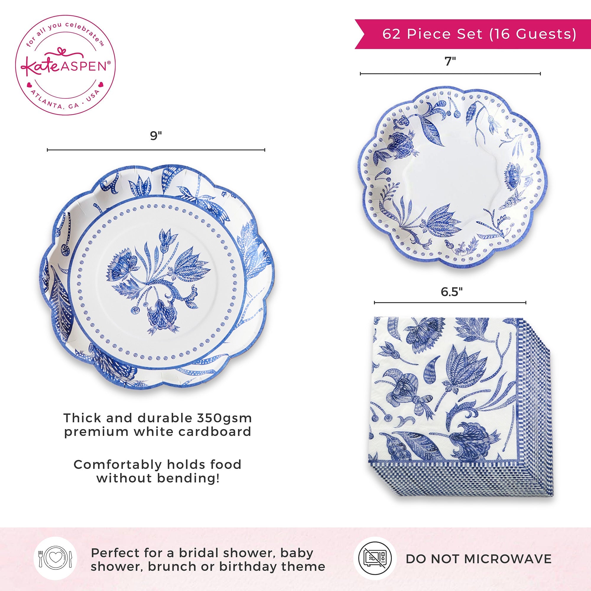 Blue Willow 62-Piece Dinnerware Set for 16 Guests - Elegant Floral Porcelain Plates, Bowls & Cups - Perfect for Weddings, Bridal Showers & Formal Dinner Parties