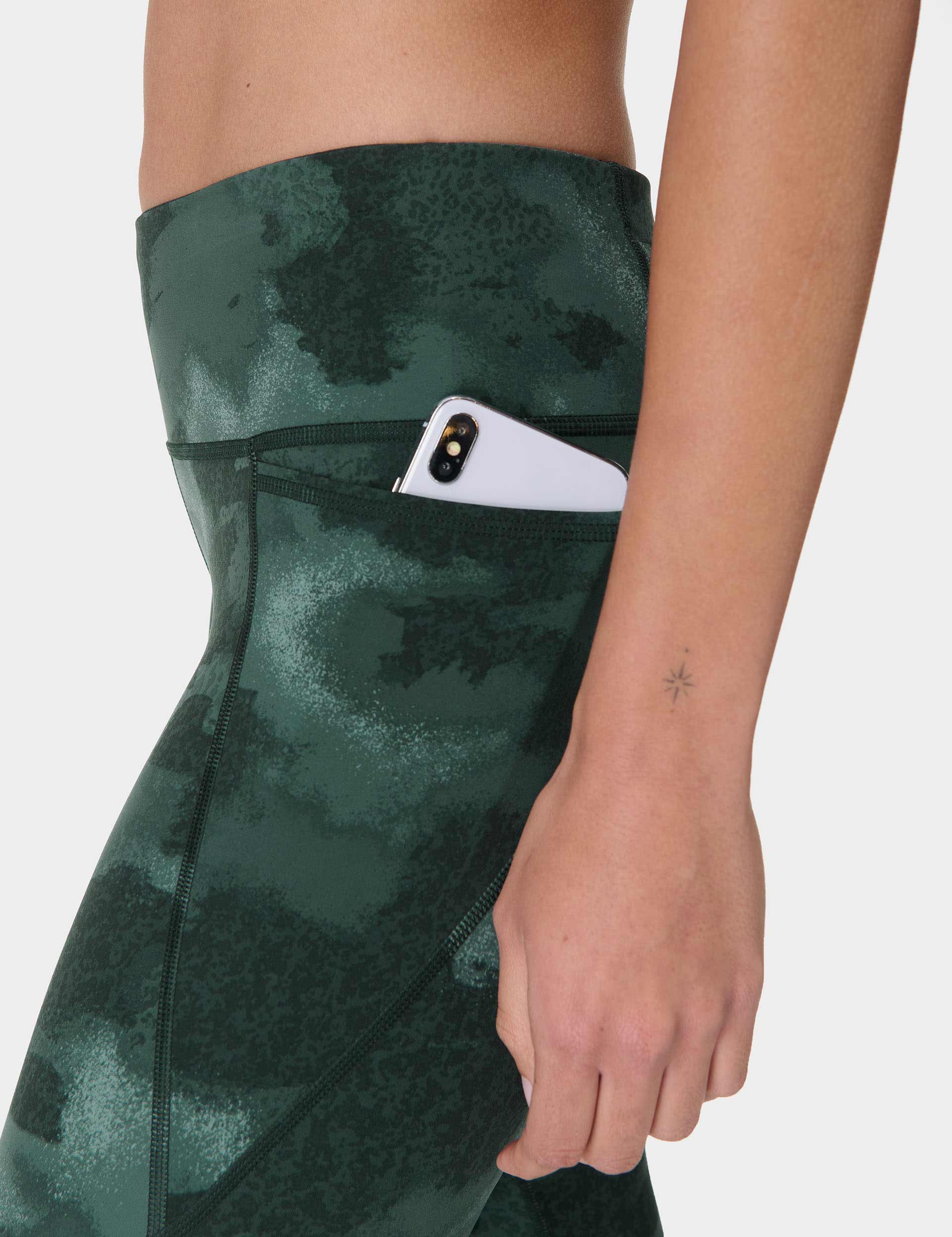 Power 7/8 Gym Leggings for Women - Green Terrain Camo Print High Waist Yoga Pants - Moisture Wicking Workout Leggings for Running, Yoga & Fitness Training