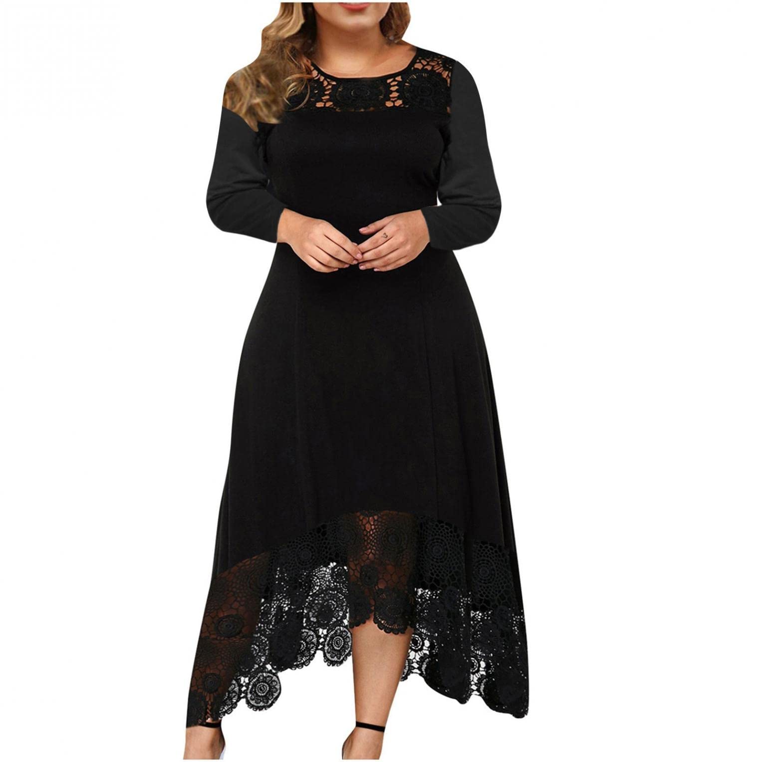 Smileyth Women's Plus Size Lace Patchwork Casual Dress - Round Neck Long Sleeve Asymmetrical Hem Maxi Dress for Work, Party & Special Occasions
