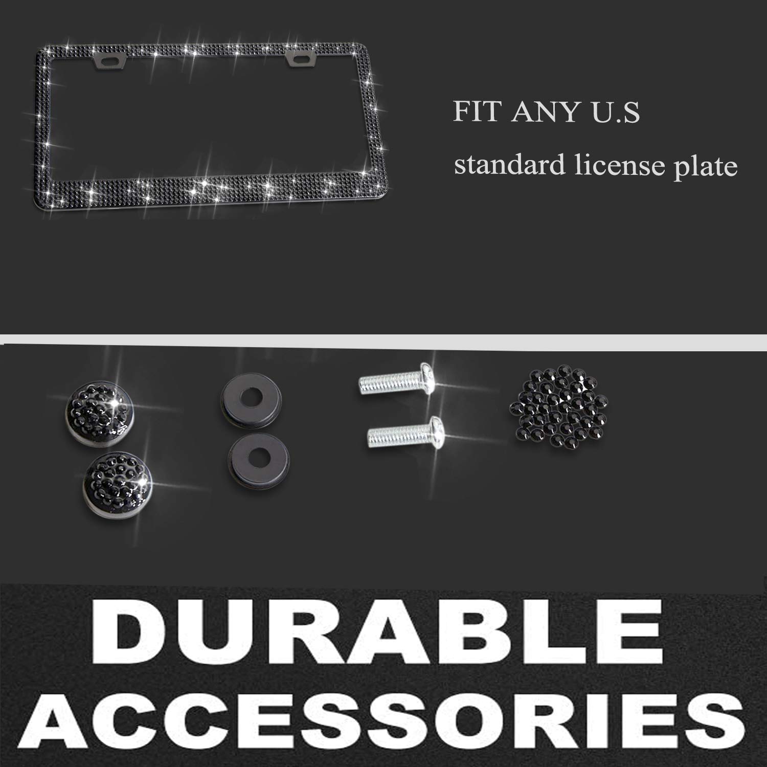 Sparkly Glitter License Plate Frame with Rhinestone Crystals - 1 Pack Bedazzled Car Accessory for Women, Party & Birthday Gift - Perfect for Night Out, Car Shows & Glamorous Vehicle Customization (Black)