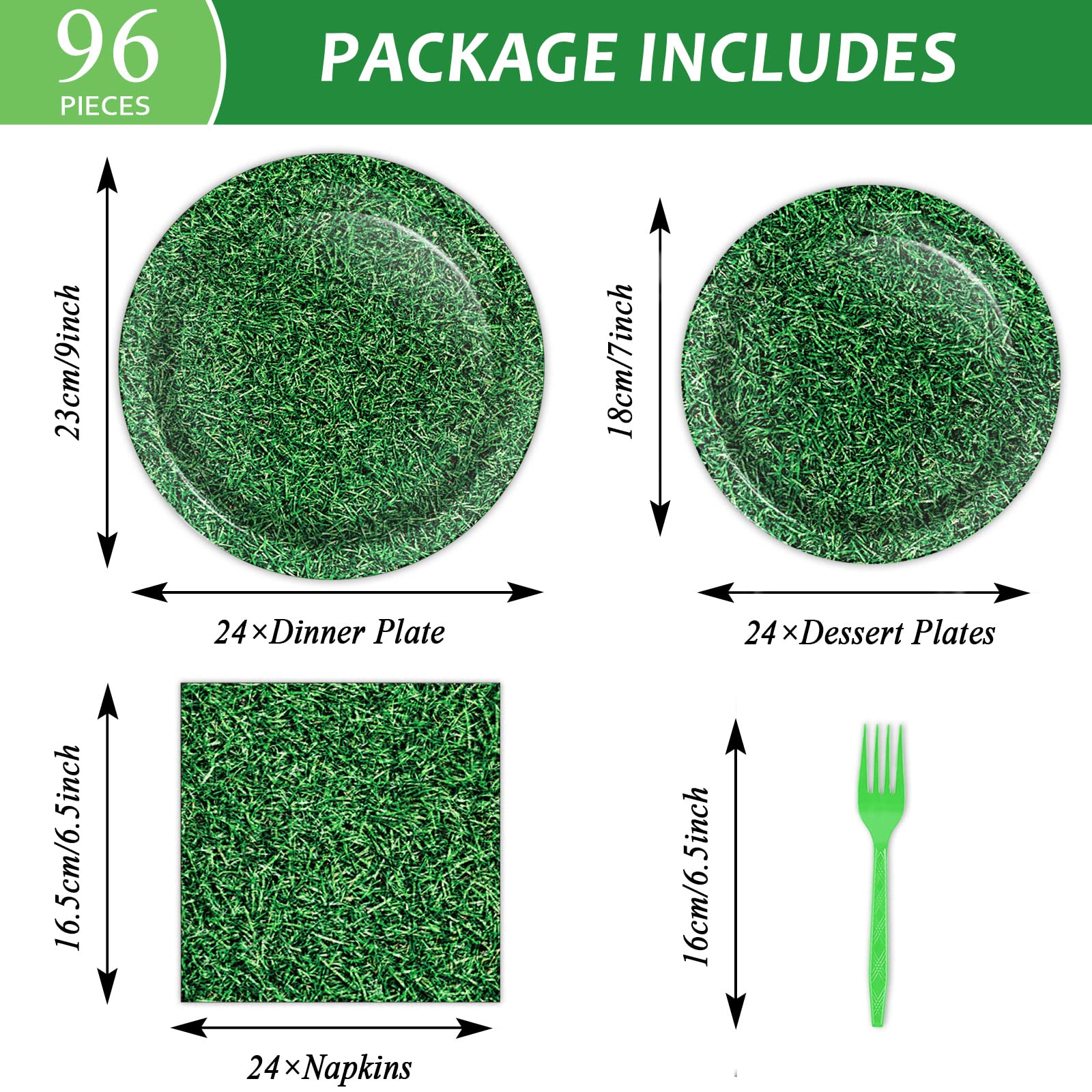 96-Piece Green Grass Party Plates & Napkins Set - Sage Greenery Tableware for Birthday, Baby Shower - Eco-Friendly Disposable Plates & Napkins for 24 Guests - Perfect for Garden Parties, Spring Celebrations & Outdoor Events