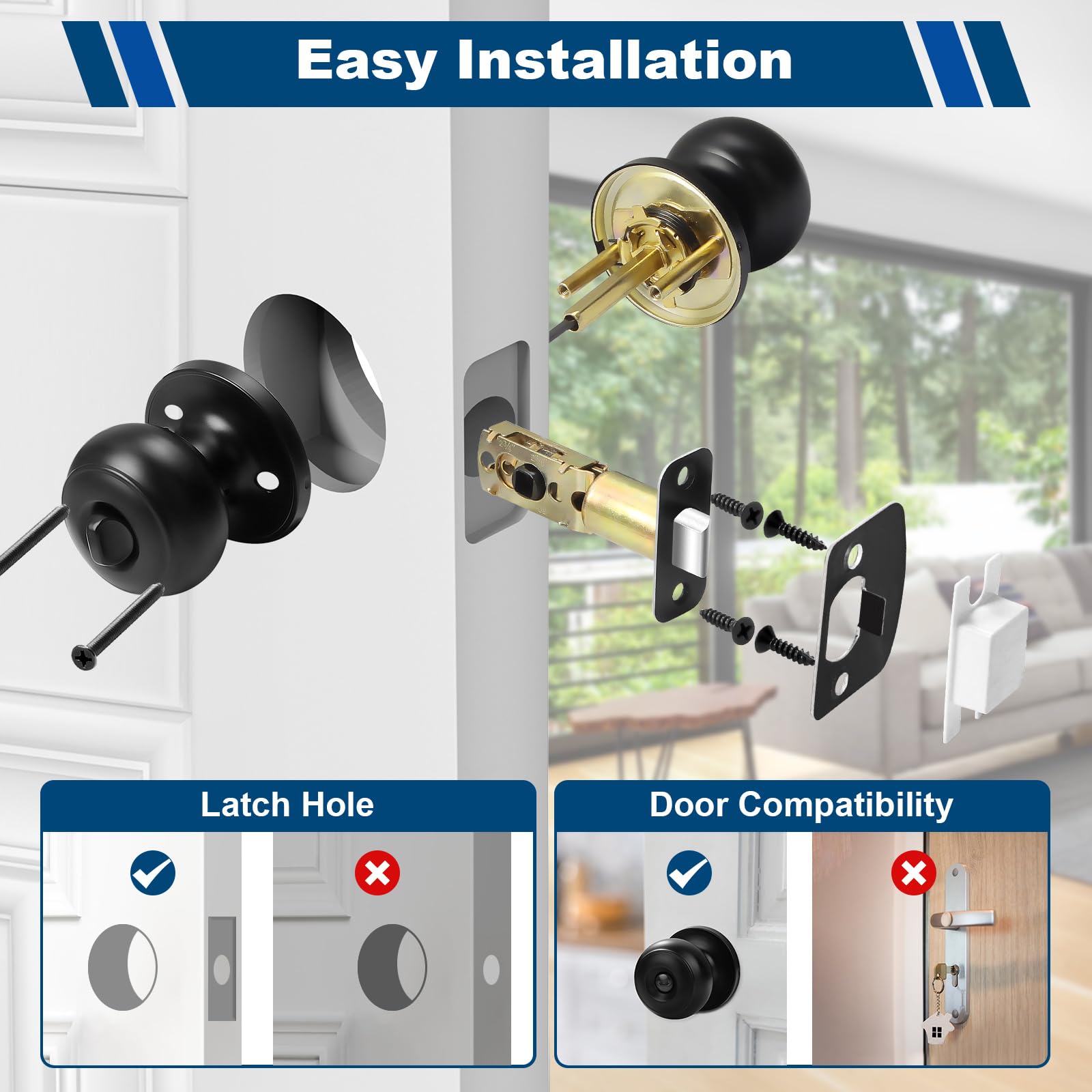 5 Pack Black Privacy Door Knobs - Keyless Interior Door Handles for Bedroom & Bathroom - Easy Install for Left/Right Doors