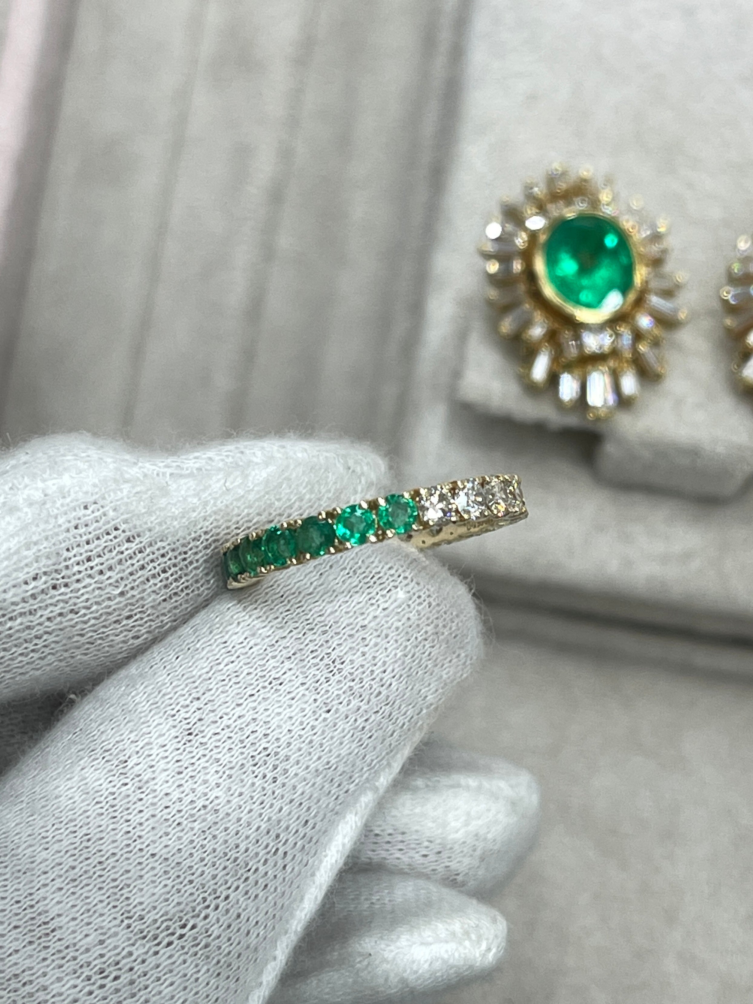 14K Gold Half Round Emerald & Diamond Eternity Band Ring - Size 7 | Wedding, Anniversary, Engagement Jewelry Gift for Women