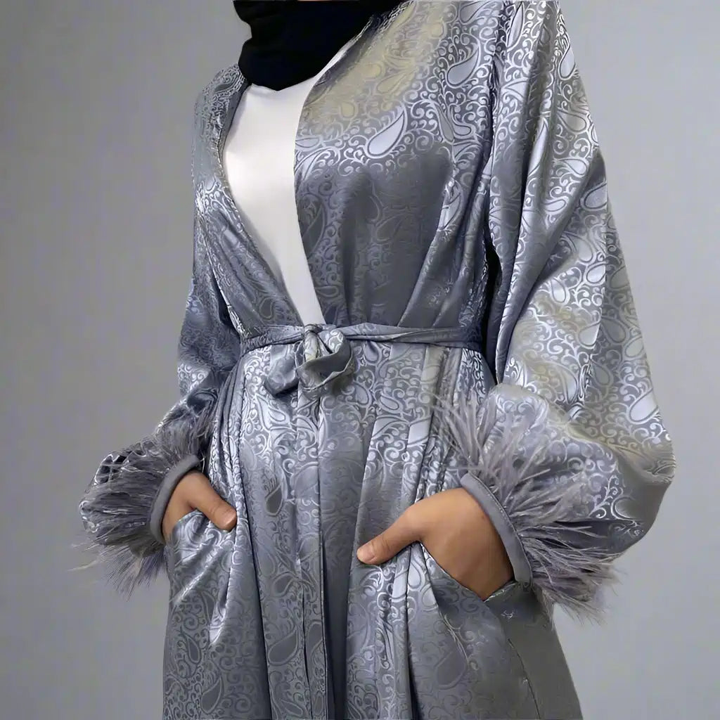 Elegant Muslim Women's Printed Satin Open Abaya Cardigan Dress with Feather Puff Sleeves - Perfect for Prayer, Mosque Visits & Special Occasions