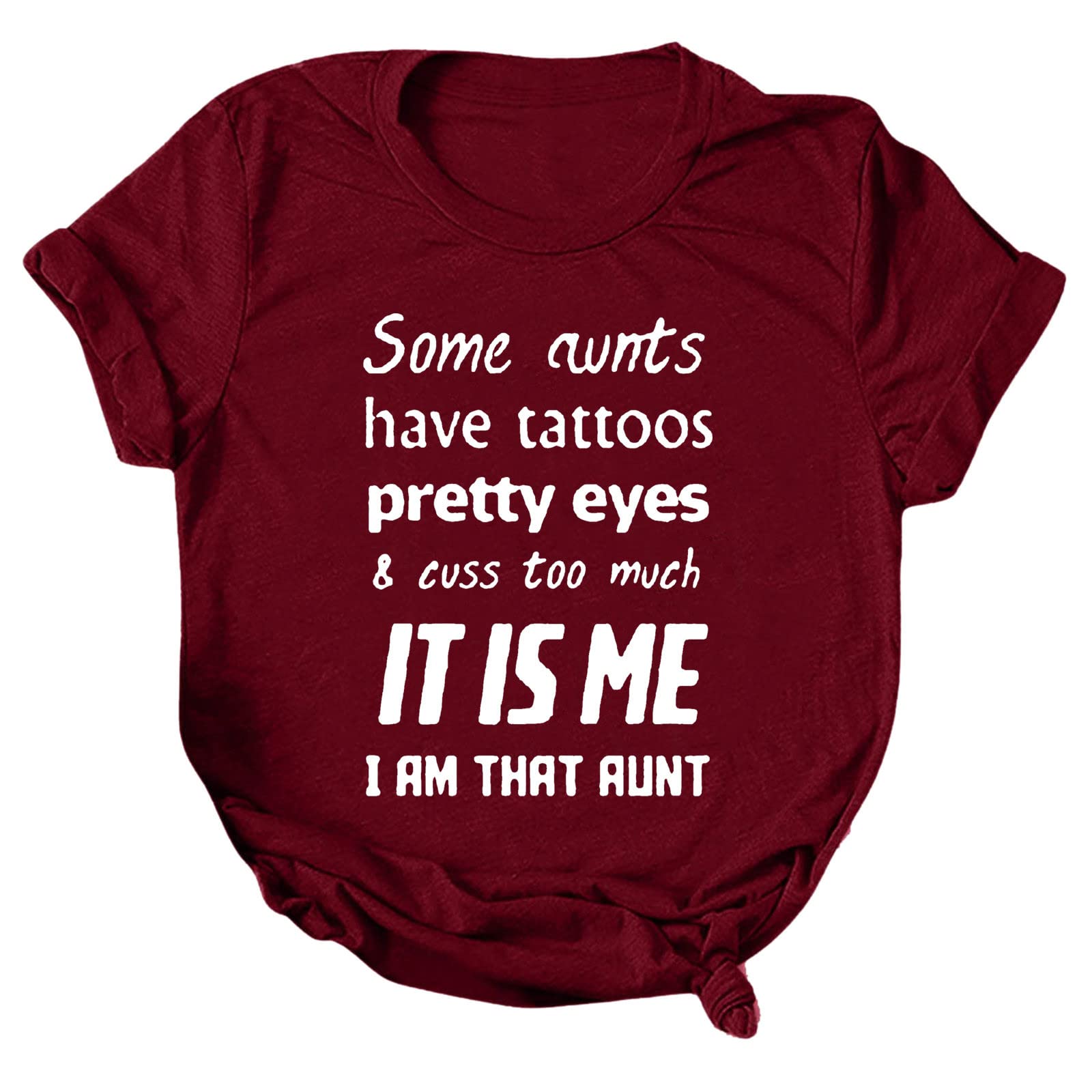 Women's Casual Short Sleeve Round Neck Printed Letter T-Shirt - Wine Red (Size S) | Perfect for Summer Outfits, Beach Wear & Everyday Comfort