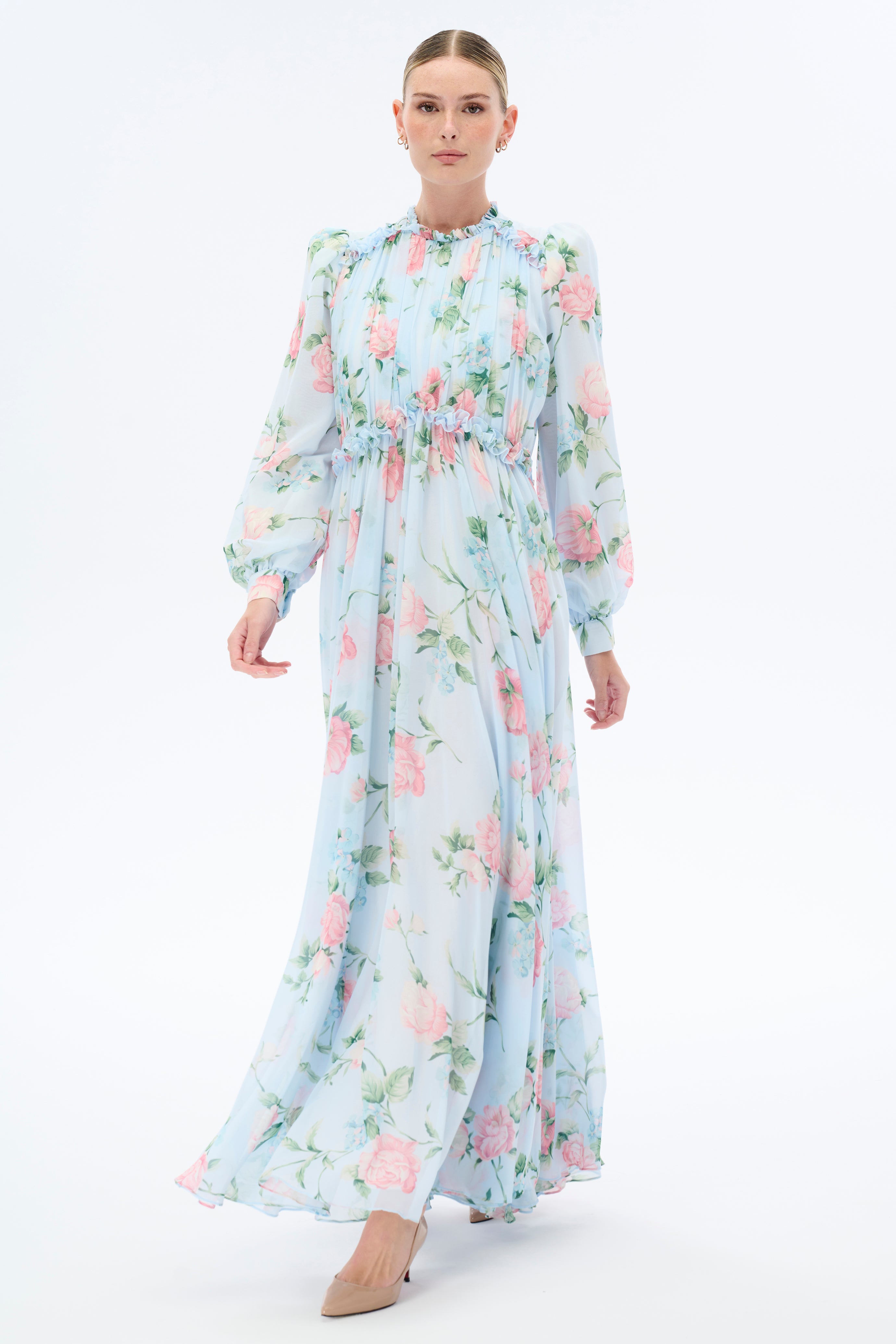 Elegant Floral Long Sleeve Maxi Dress for Women | Boho Chic Morning Blues Dress | Perfect for Spring Weddings, Beach Vacations & Date Nights