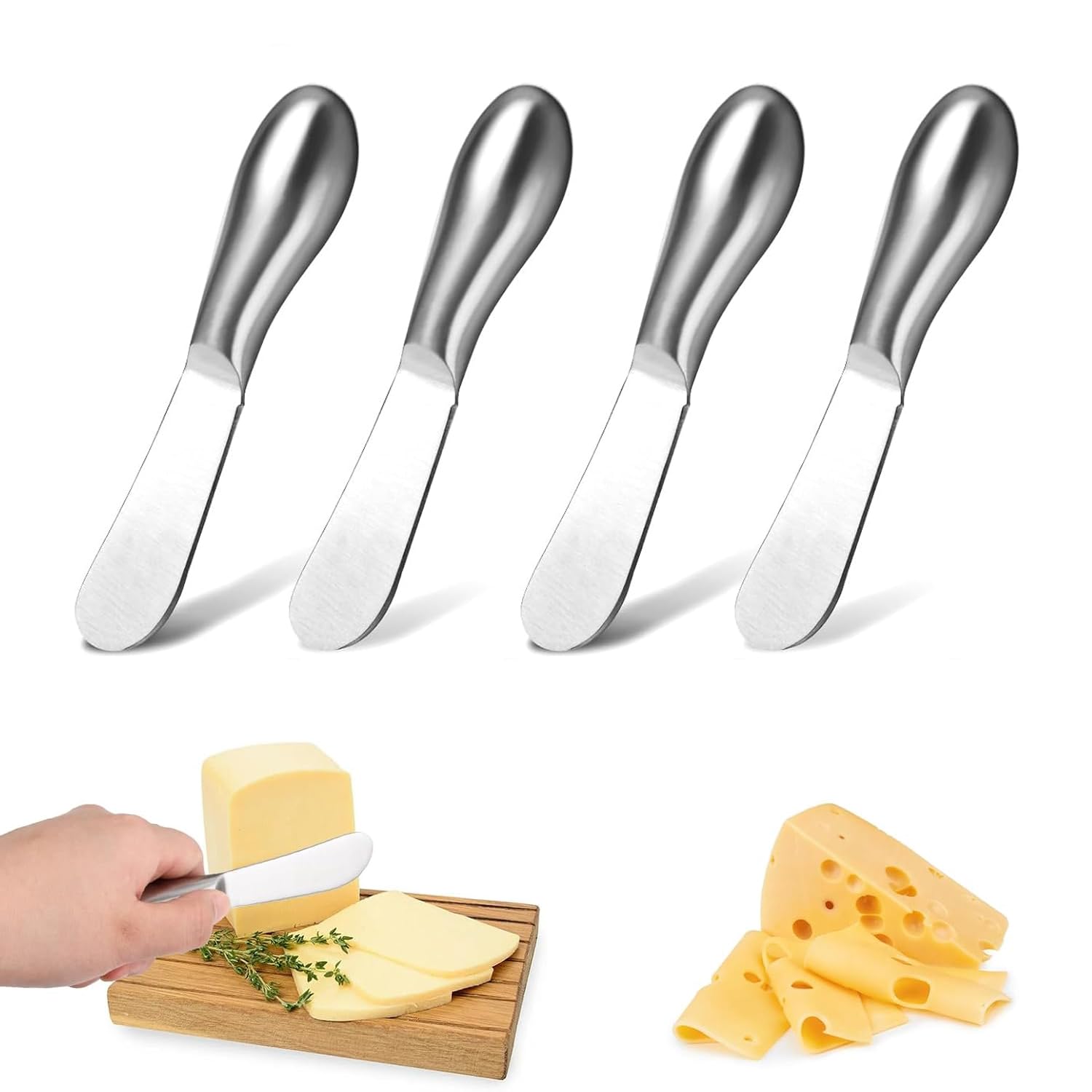 4-Piece Stainless Steel Cheese and Butter Spreader Knife Set - Silver Round Cheese Knives for Parties, Weddings & Holidays - Perfect Gift for Father's Day, Christmas, Birthday & Anniversary - Ideal for Cheese Boards, Charcuterie Platters & Entertaining Guests