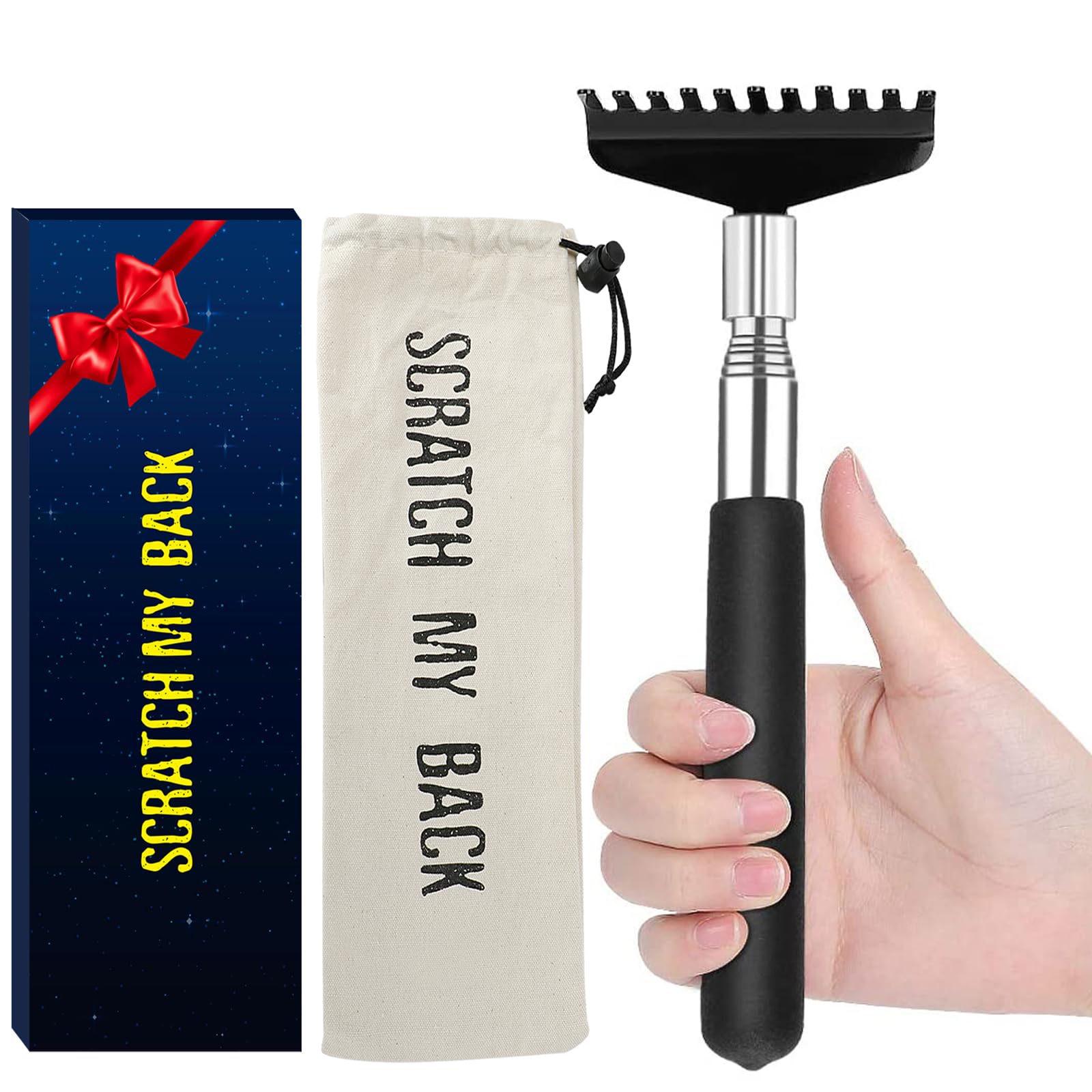 Upgraded Oversized Portable Extendable Back Scratcher - Stainless Steel Telescoping Back Scratcher Tool with Canvas Carrying Bag for Home, Office & Travel Use