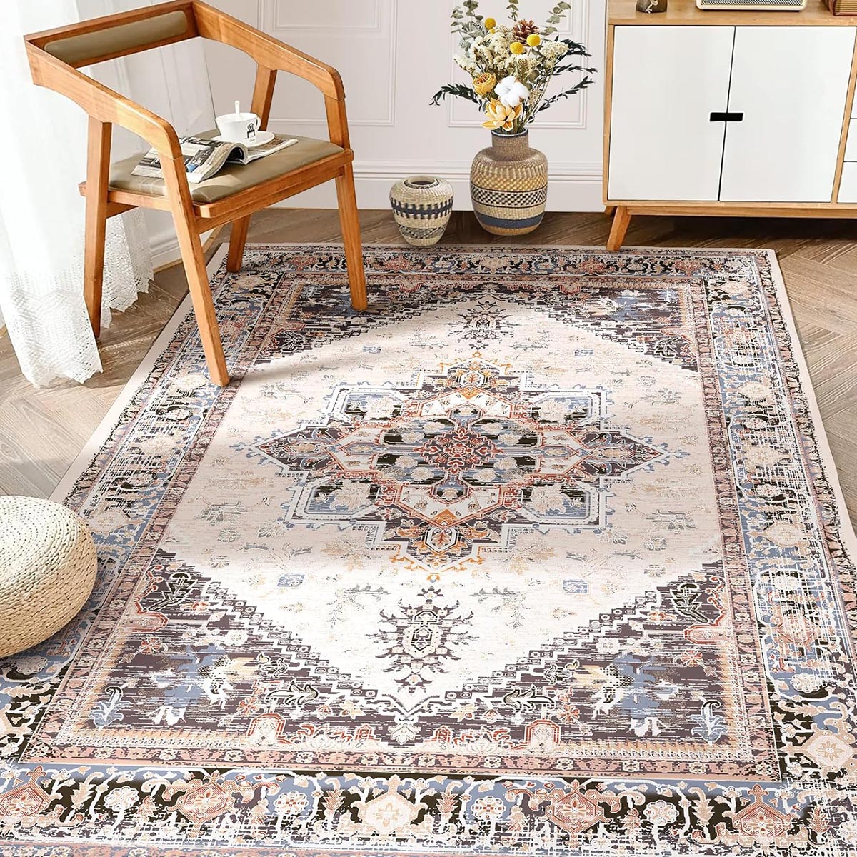 Vintage Washable Rugs - Custom Printed Carpet Runner in Khaki & Multi Colors | Non-Slip Floor Mat for Living Room, Bedroom & Entryway