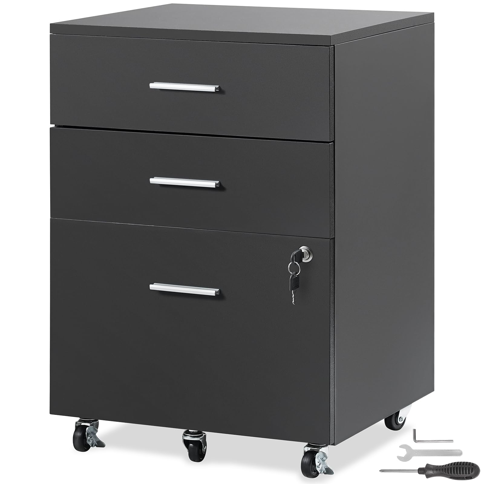 VEVOR 3-Drawer Wood File Cabinet with Lock - Letter/A4 Size Office Storage - 5-Wheel Rolling Design for Home & Office - Black - Perfect for Document Organization & Workspace Storage