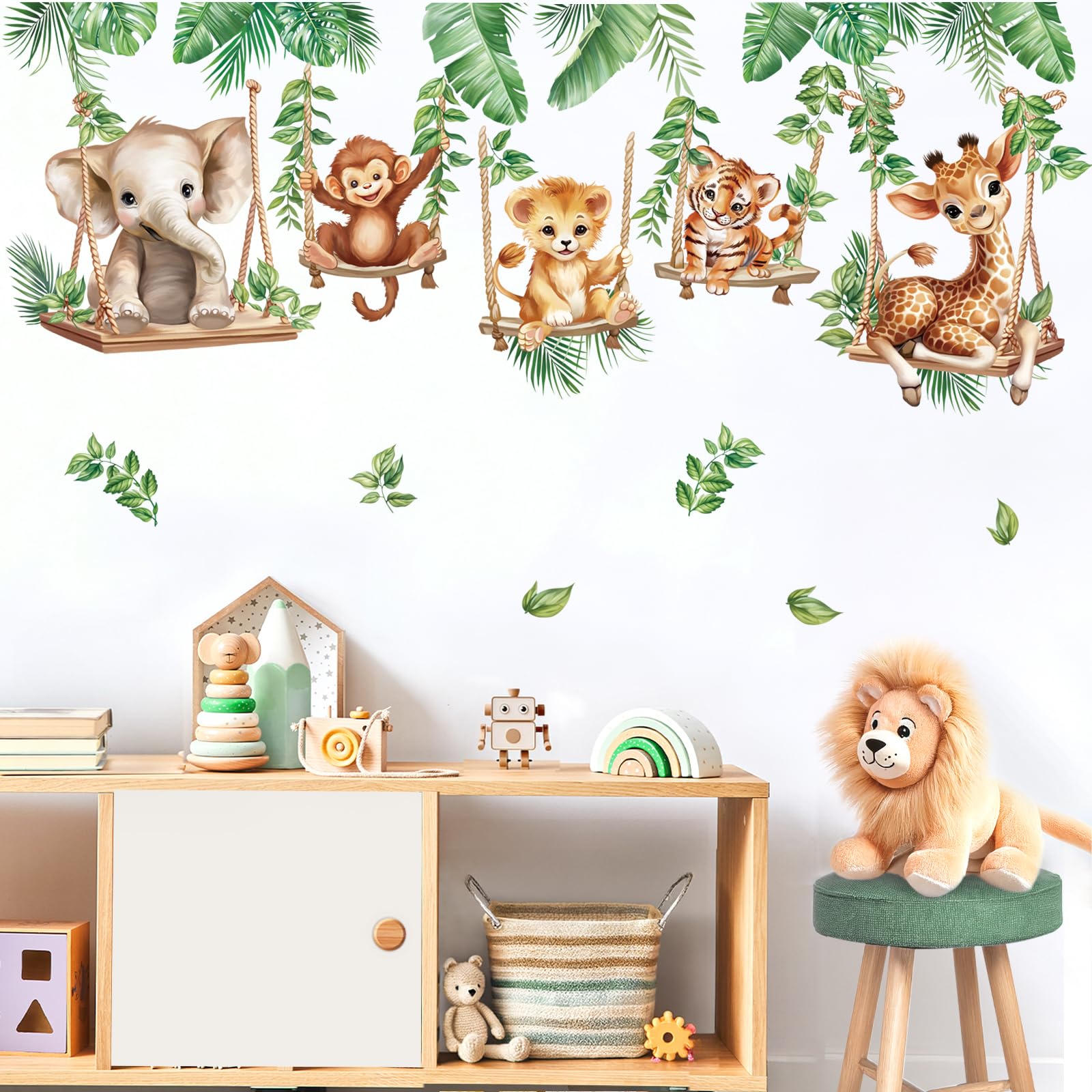 Wondever Jungle Animal Wall Stickers - Baby Lion, Elephant, Giraffe & Tropical Leaves Peel and Stick Decals for Nursery, Kids Bedroom & Living Room | Fun Jungle Theme Decor for Children's Rooms & Play Areas