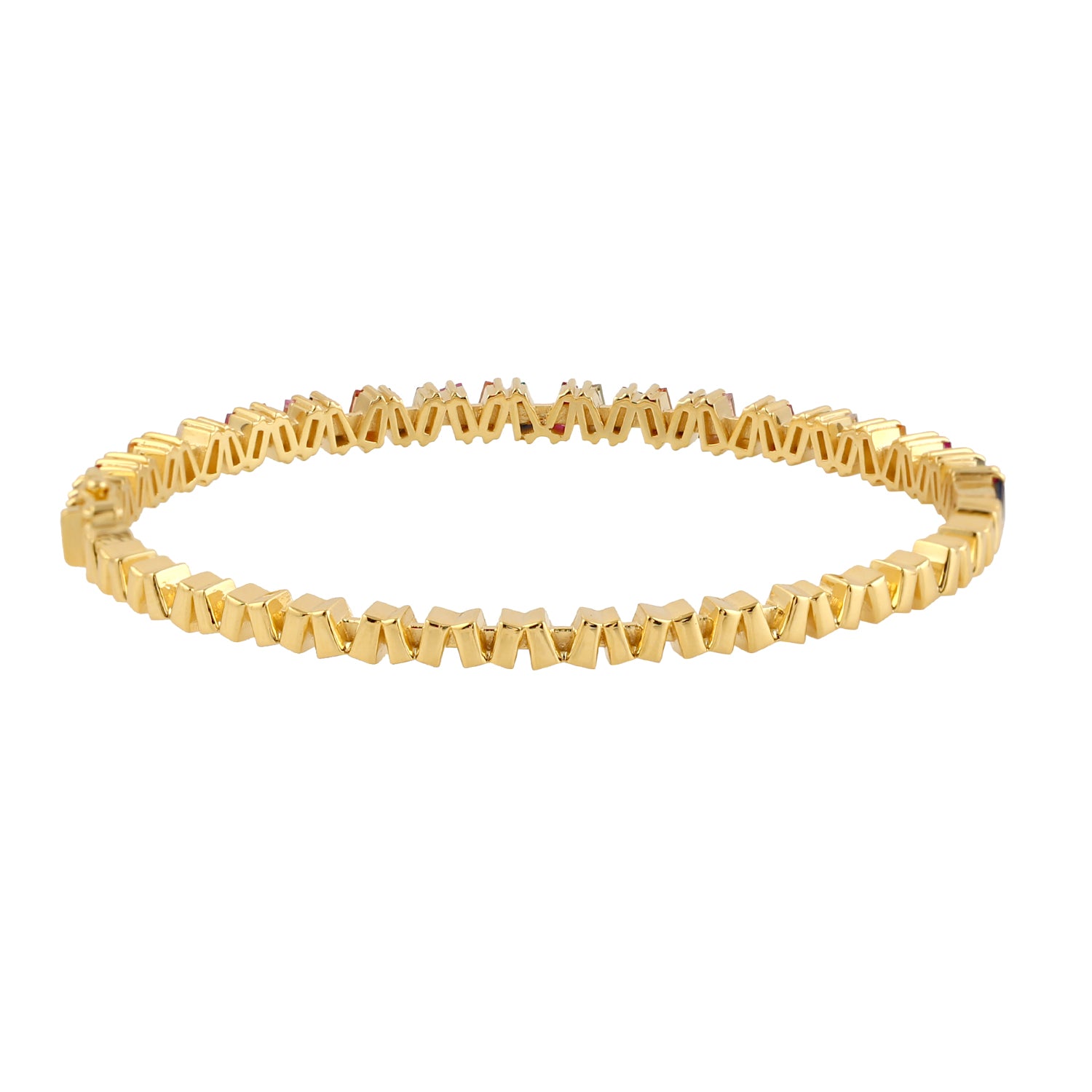 18k Yellow Gold Baguette Multicolor Sapphire and Ruby Bangle Bracelet Set - Elegant Jewelry for Women, Perfect for Weddings, Parties & Special Occasions