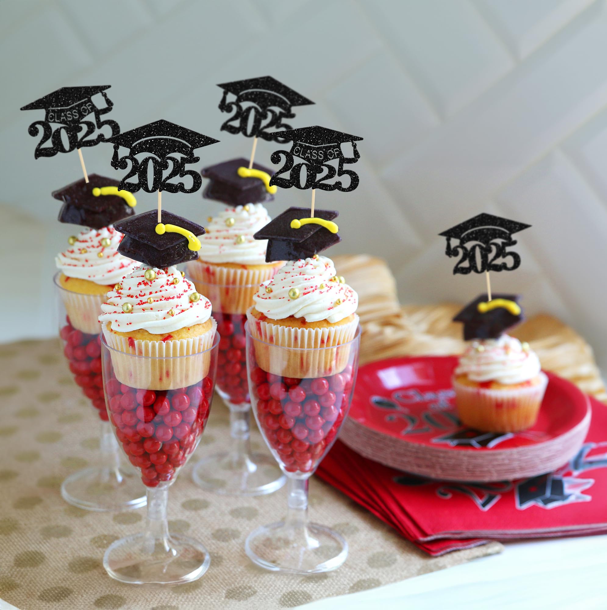 24Pcs Black Glitter Graduation Cap Cupcake Toppers 2025 - Graduation Cake Decorations for 2025 Graduation Party Supplies | Perfect for Graduation Theme Cakes, Cupcakes, and Dessert Tables
