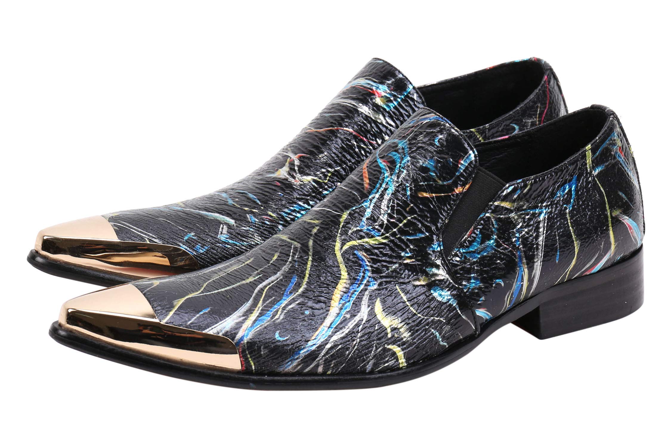 Santimon Men's Leather Loafers - Pointed Toe Western Dress Shoes with Fashion Print & Metal Tip for Casual & Business Occasions