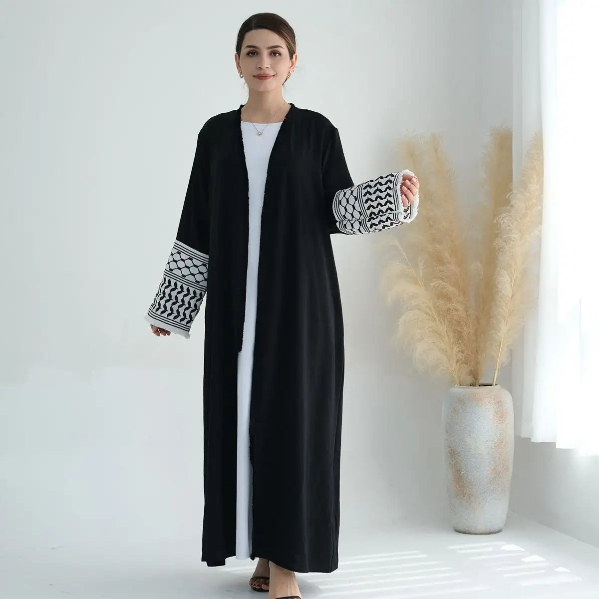Muslim Mother Daughter Matching Abaya Dress with Embroidery & Tassel Sleeves - Elegant Cardigan Open Design for Women & Girls - Perfect for Eid, Ramadan, Wedding & Special Occasions