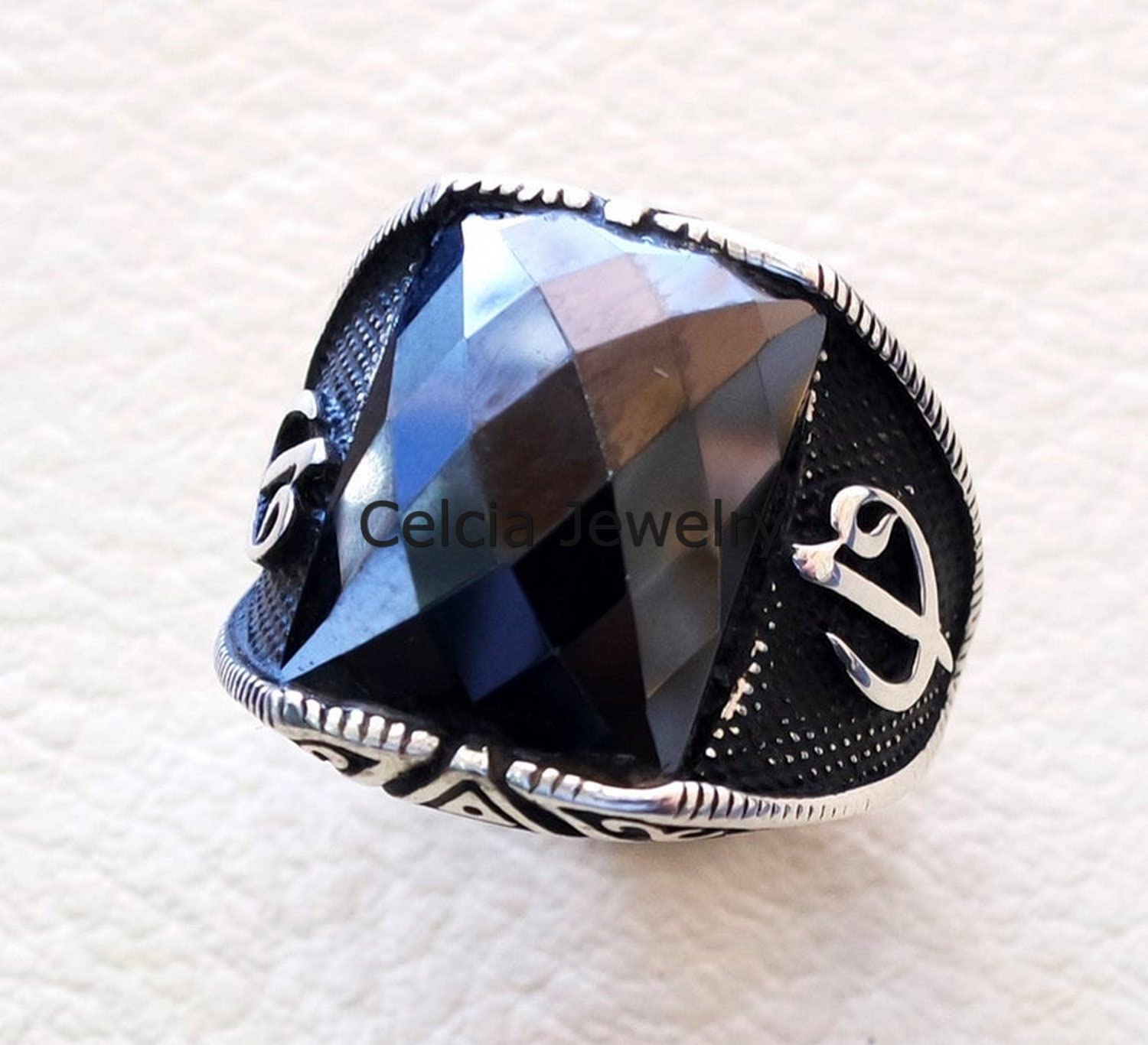 Natural Black Onyx Gemstone Checker Rectangle Ring - 925 Sterling Silver Middle Eastern Oriental Style Signet Statement Ring - Silver Oxidized Jewelry for Men & Women - Perfect for Weddings, Parties & Gifts (Size 8.5)