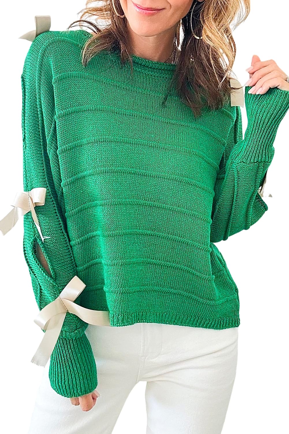 MARZXIN Women's 2024 Bright Green Bow Knot Cut Out Round Neck Loose Sweater Casual Pullover Top | Trendy Spring Fashion for Work, Dating & Weekend Outfits