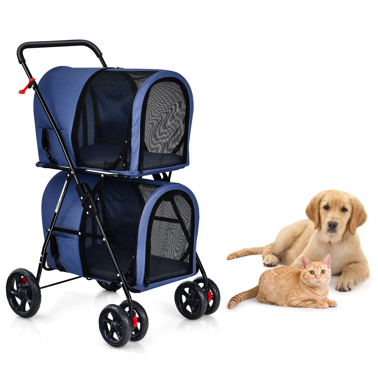 Foldable Double Dog Stroller for 2 Small to Medium Pets - Detachable Carrier & Wheels - Jogger Pet Crate for Car, Walking, Camping & Travel - Blue | Perfect for Outdoor Adventures & Vet Visits