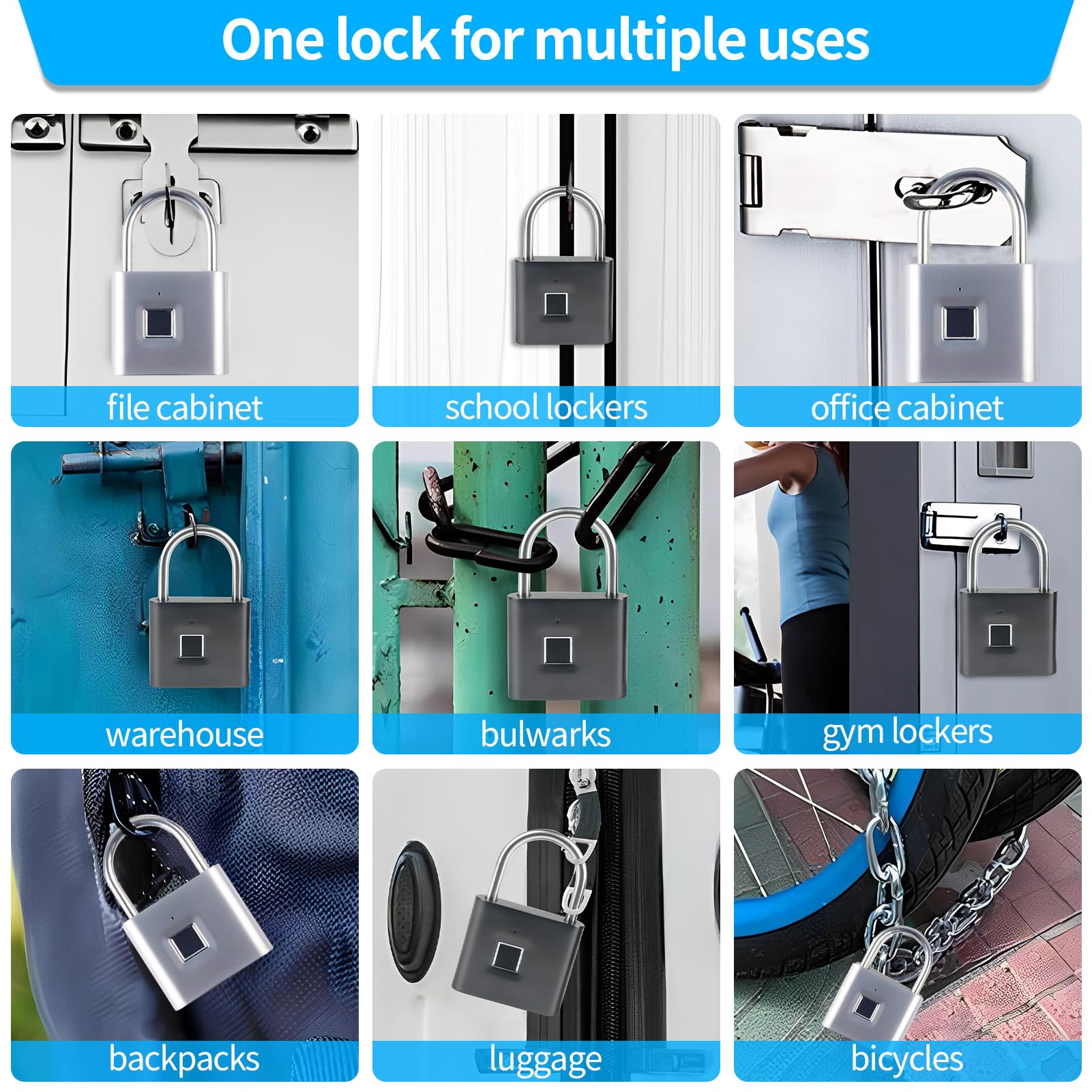 KENRONE Keyless Portable USB Charging Fingerprint Lock SL90 - Smart Digital Padlock for Doors, Lockers & Travel - Quick Unlock, Anti-Theft Security - USB Rechargeable Fingerprint Padlock (Black) - Perfect for Home, Office, Gym Lockers & Luggage Security