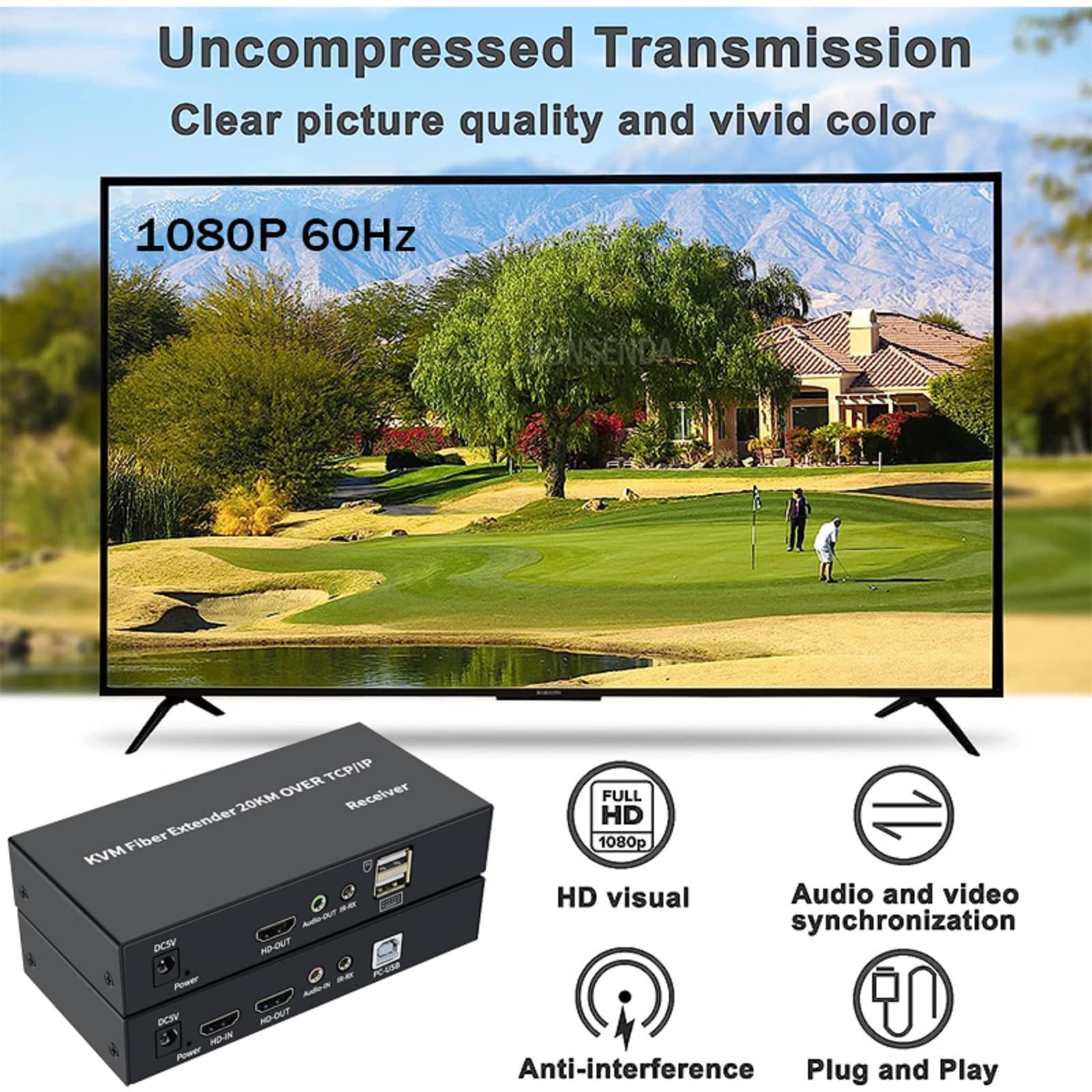 NATEFEMIN 20Km HDMI KVM Fiber Extender Splitter - 1080P@60Hz 4K Ready, USB Keyboard Mouse Extender with Audio Video Sync for Long Distance PC Control - Ideal for Data Centers, Server Rooms & Remote Workstations