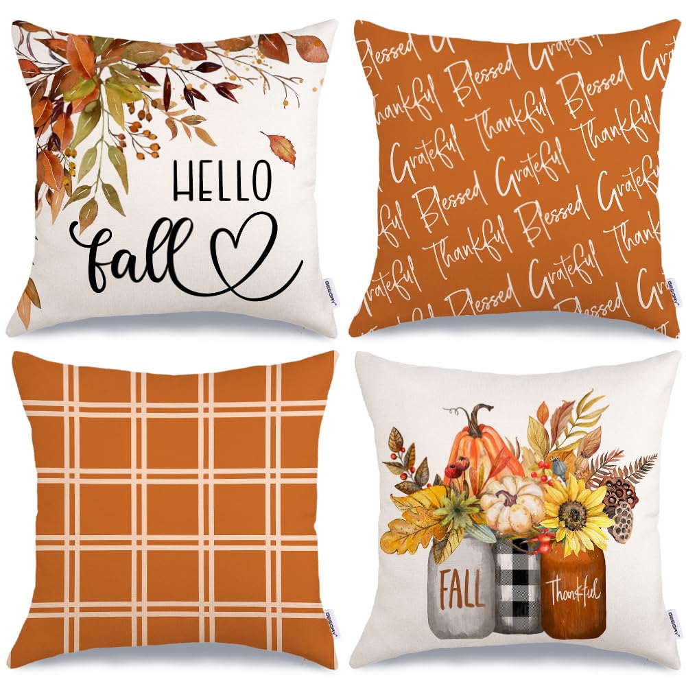 GEEORY Fall Pillow Covers 16x16 Set of 4 - Buffalo Plaid Pumpkin Maple Leaf Decorative Throw Pillow Cases for Couch, Sofa - Farmhouse Thanksgiving Decor (Grateful Blessed Theme) - Perfect for Autumn Home Decor, Seasonal Living Room Accents & Cozy Thanksgiving Gatherings