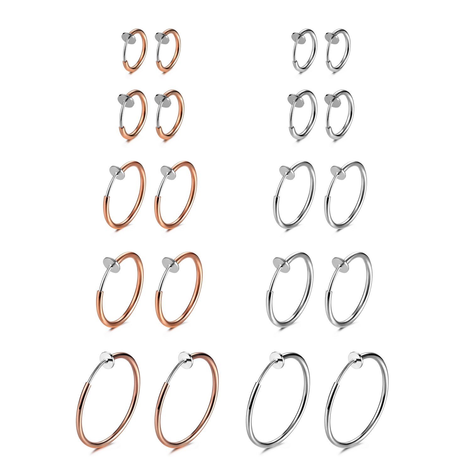 Non-Piercing Fake Nose Ring & Clip-On Hoop Earrings for Women & Men - 10 Pairs (13mm-25mm) in Black, Silver, Gold & Rose Gold - Faux Lip & Septum Rings, Spring Endless Hoops - Perfect for Costume Parties, Halloween, Cosplay & Everyday Fashion Accessories