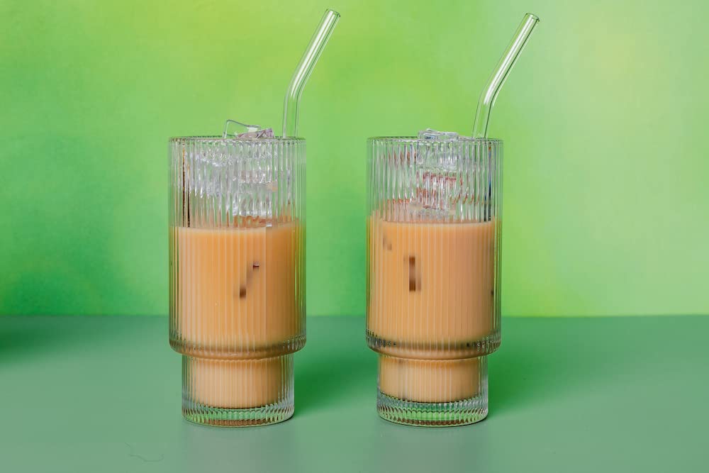 Premium 4-Piece Ribbed Glass Drinking Set with Glass Straws & Cleaner - Iced Coffee & Cocktail Tumblers - Perfect Housewarming Gift for New Home - Ideal for Parties, Daily Use & Home Decor