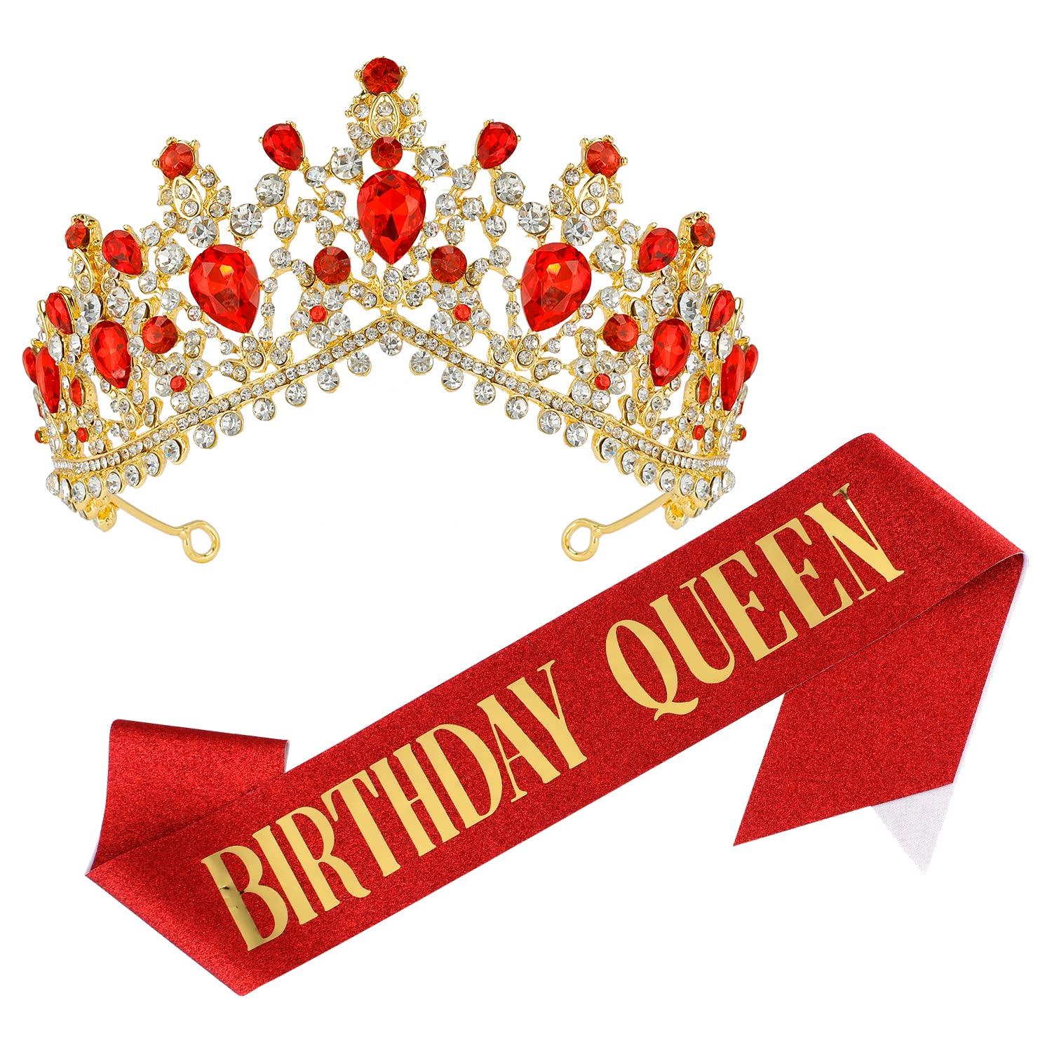 Elegant Women's Birthday Crown & Tiara Set - Red Velvet Queen Sash & Birthday Accessories for Women - Perfect for Birthday Parties, Bachelorette Celebrations & Special Occasions