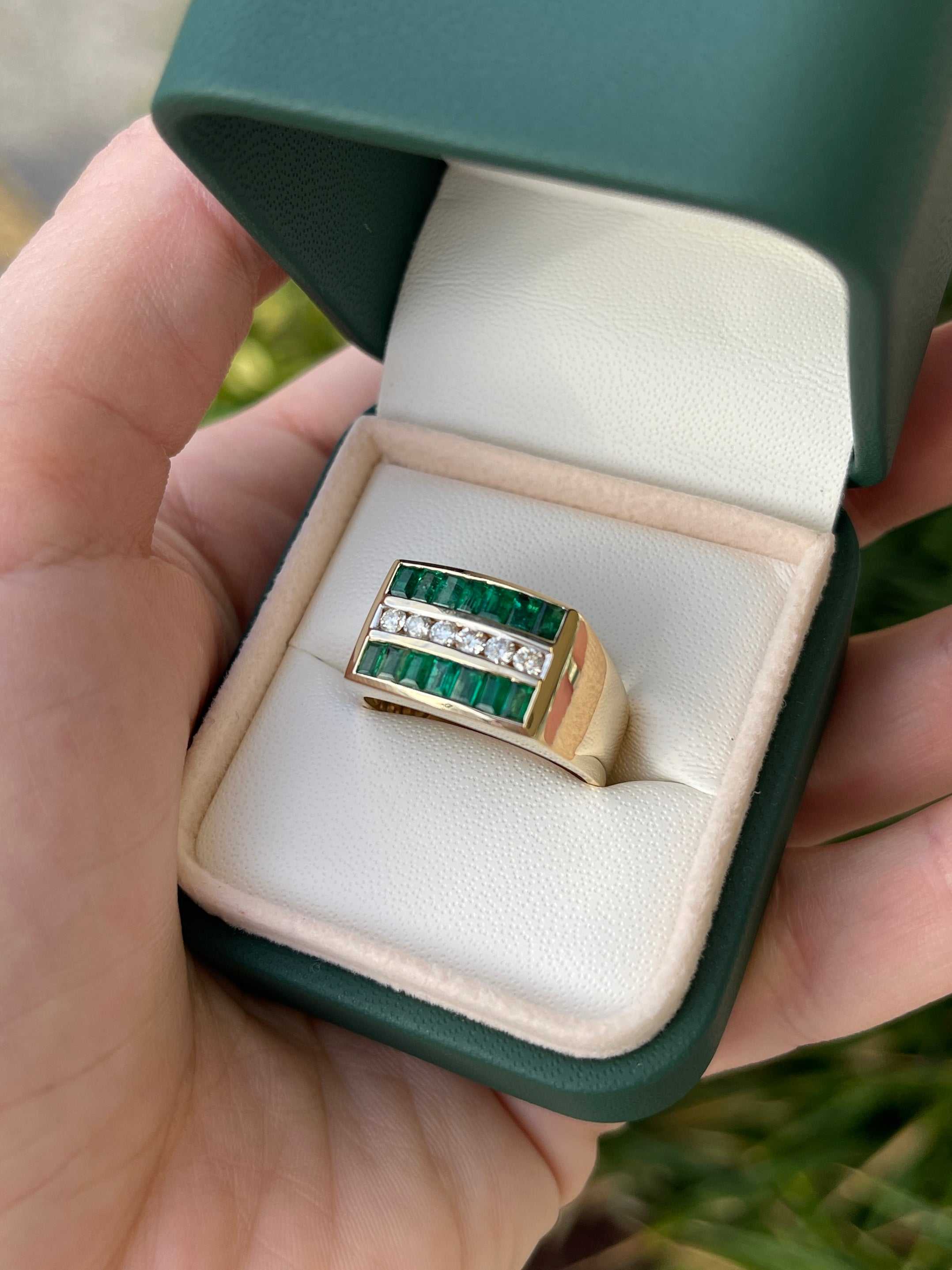 1.84tcw Natural Emerald & Diamond Men's Channel Set Ring 14K Gold - Elegant Wedding Band, Anniversary Gift for Him, Perfect for Special Occasions & Everyday Wear
