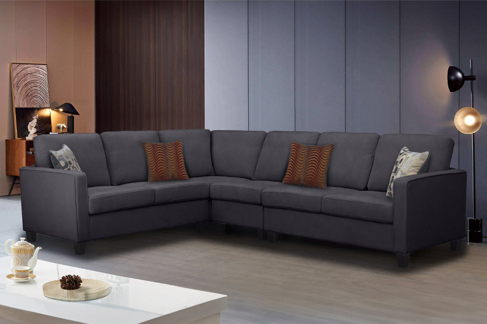 Luxury Grey Chenille Fabric Sectional Sofa with 4 Decorative Pillows - Perfect for Living Room, Lounge & Family Room Comfort