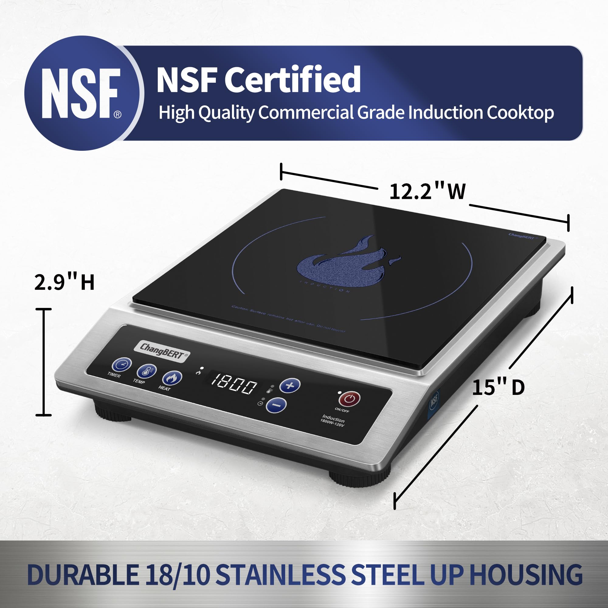 Commercial Grade Induction Cooktop - 1800W Portable Hot Plate with 8” Heating Coil, NSF Certified 18/10 Stainless Steel Countertop Burner & 10-Hour Timer - Perfect for Home Kitchen, Restaurant, Camping & Outdoor Cooking