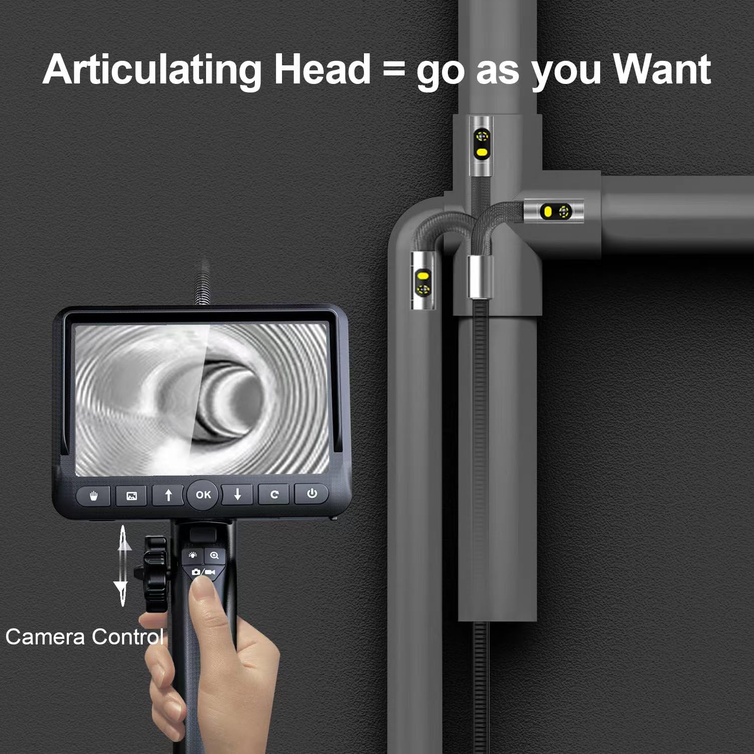 Dual-Lens Articulating Borescope Camera - 1080P HD Inspection Endoscope with 5