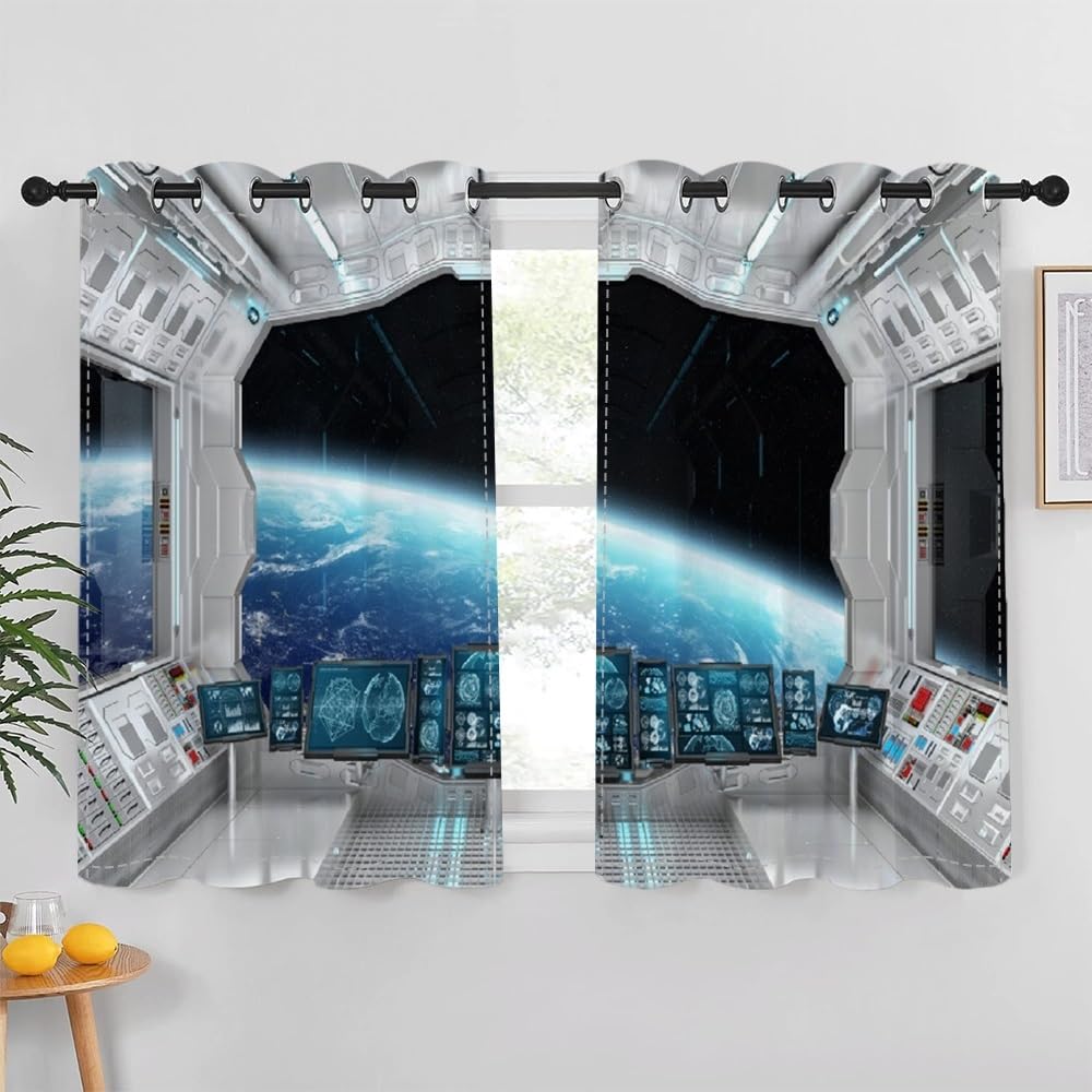 Futuristic Spacecraft Kitchen Curtains - Blackout Window Drapes with Planet View, 42x63 Inch (2 Panels) - Perfect for Sci-Fi Themed Rooms & Space Enthusiast Home Decor